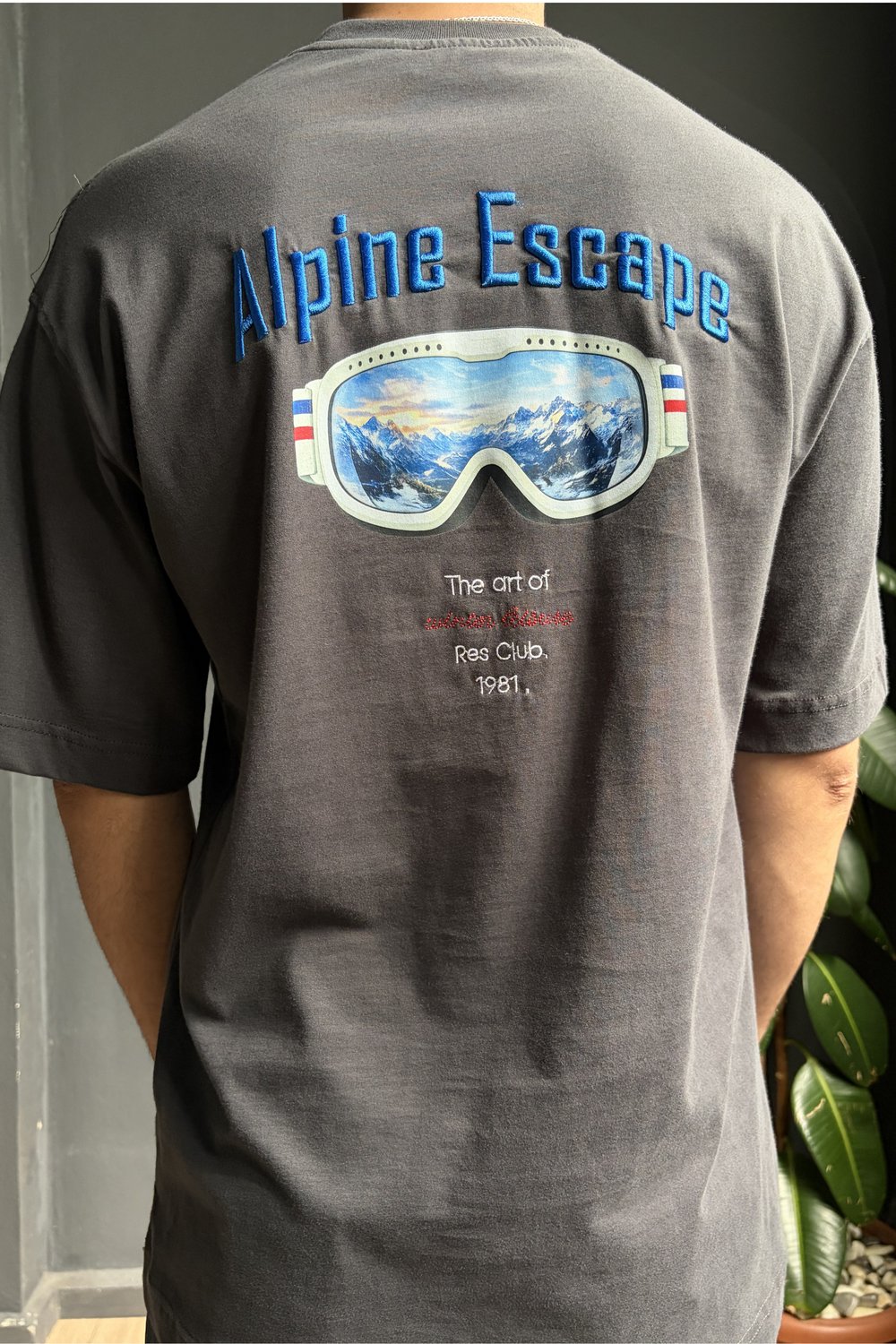 Gri Alpine Escapre Sırt Baskılı Oversize Tişört