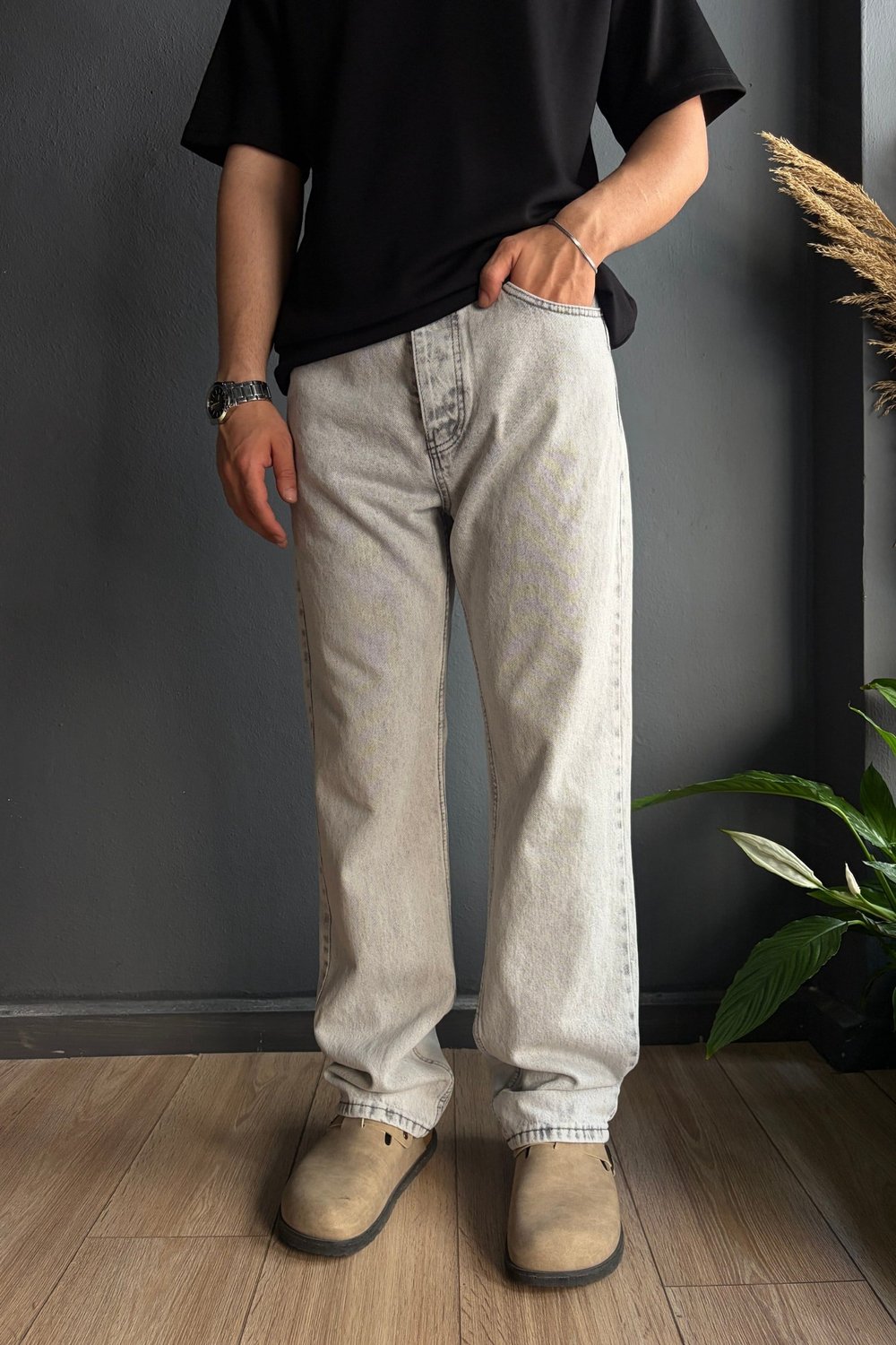 Gri Baggy Jean Pantolon
