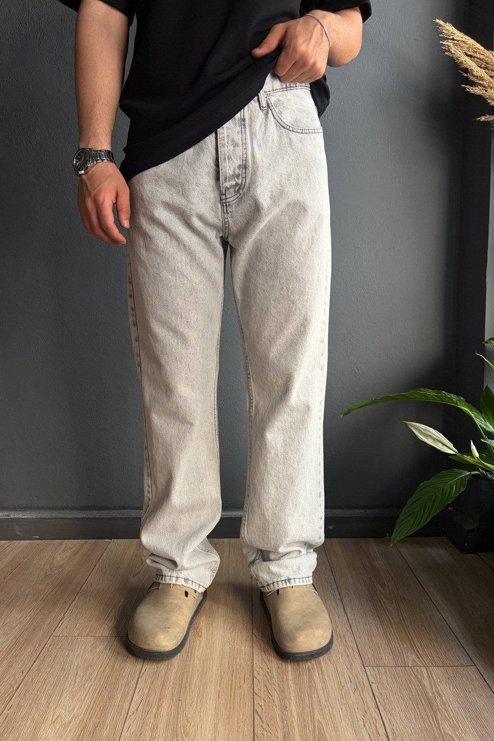 Gri Baggy Jean Pantolon
