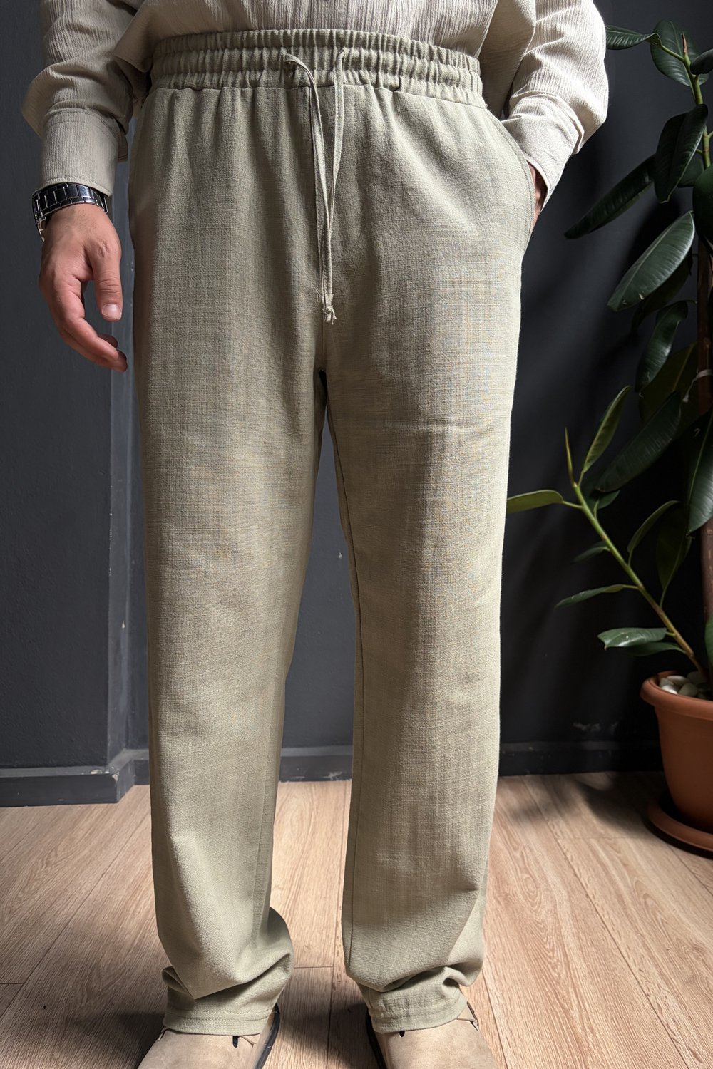 Haki Beli Lastikli Baggy Keten Pantolon