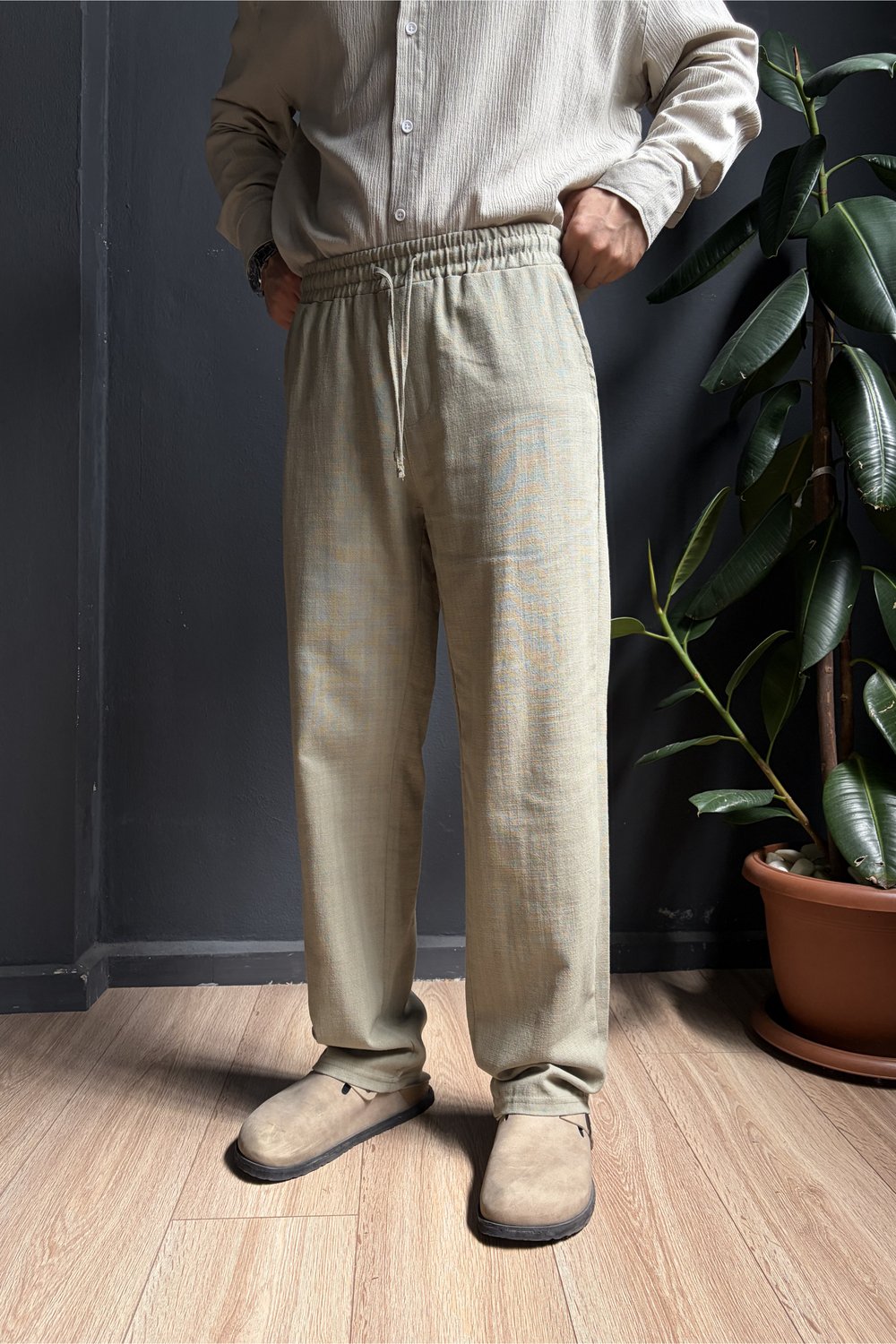 Haki Beli Lastikli Baggy Keten Pantolon