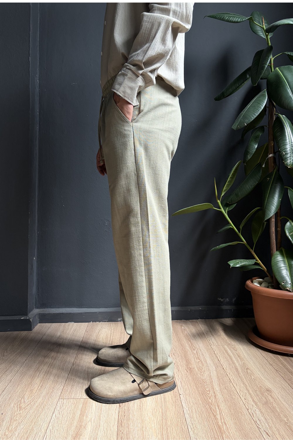 Haki Beli Lastikli Baggy Keten Pantolon