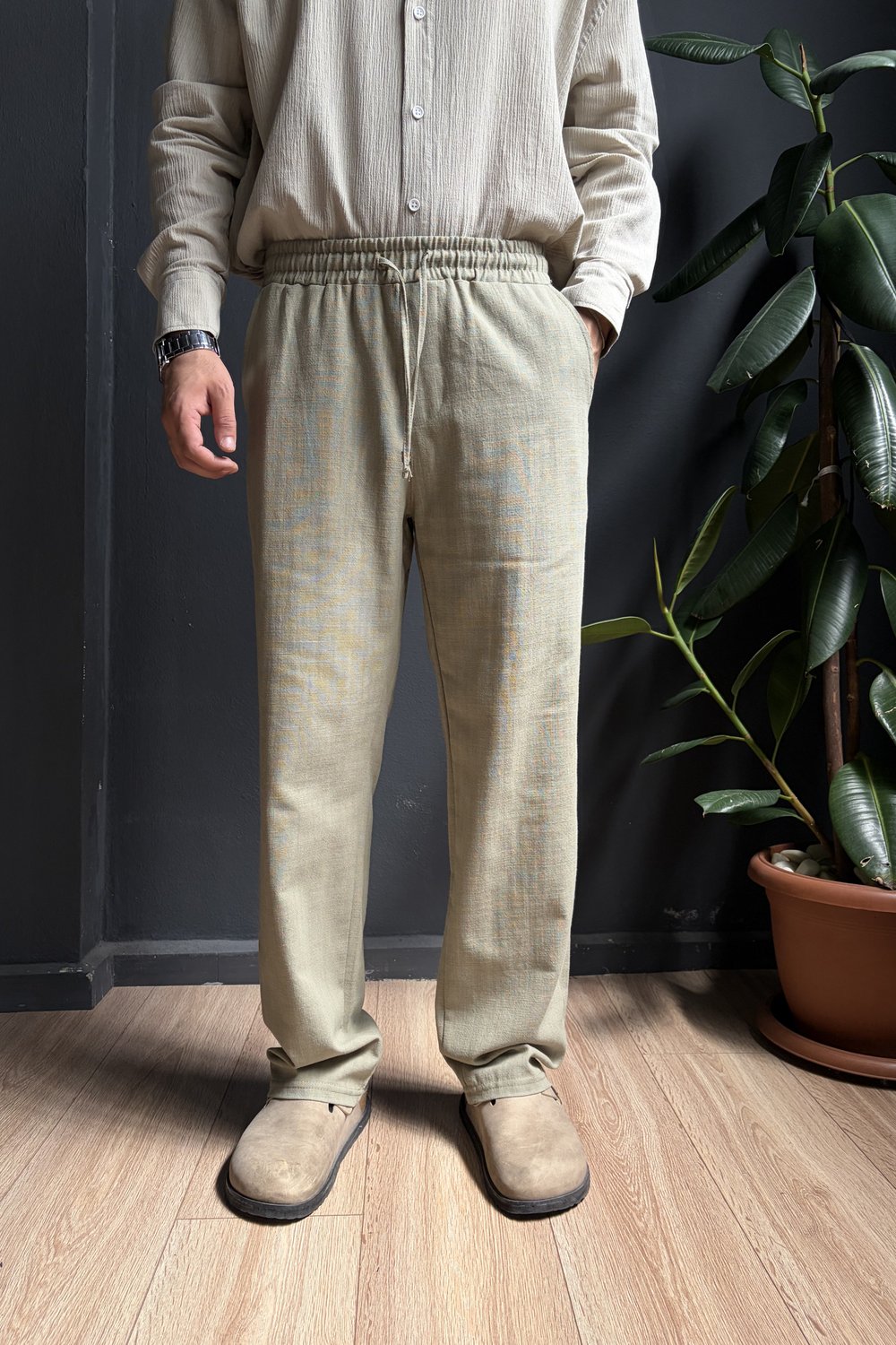 Haki Beli Lastikli Baggy Keten Pantolon