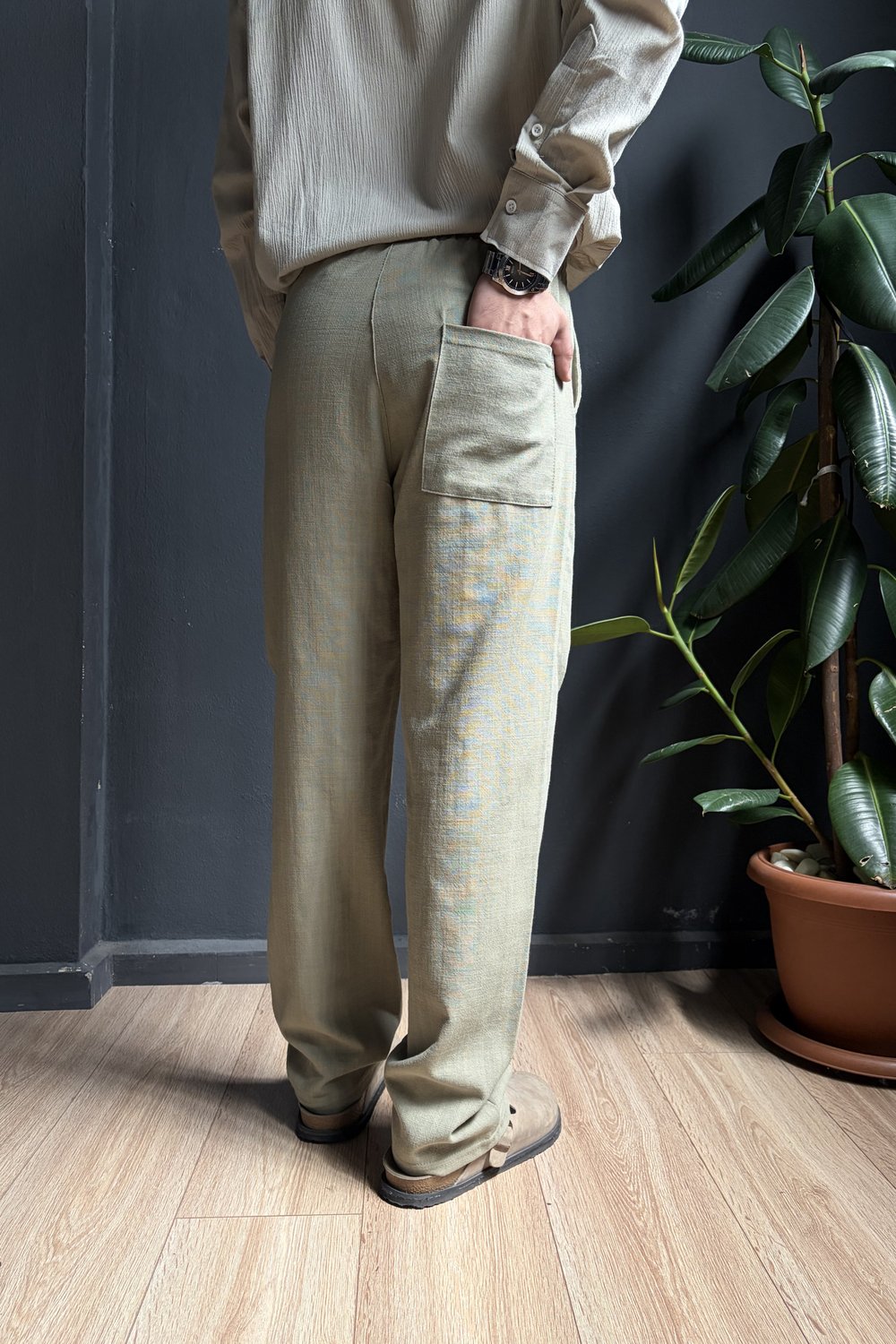 Haki Beli Lastikli Baggy Keten Pantolon