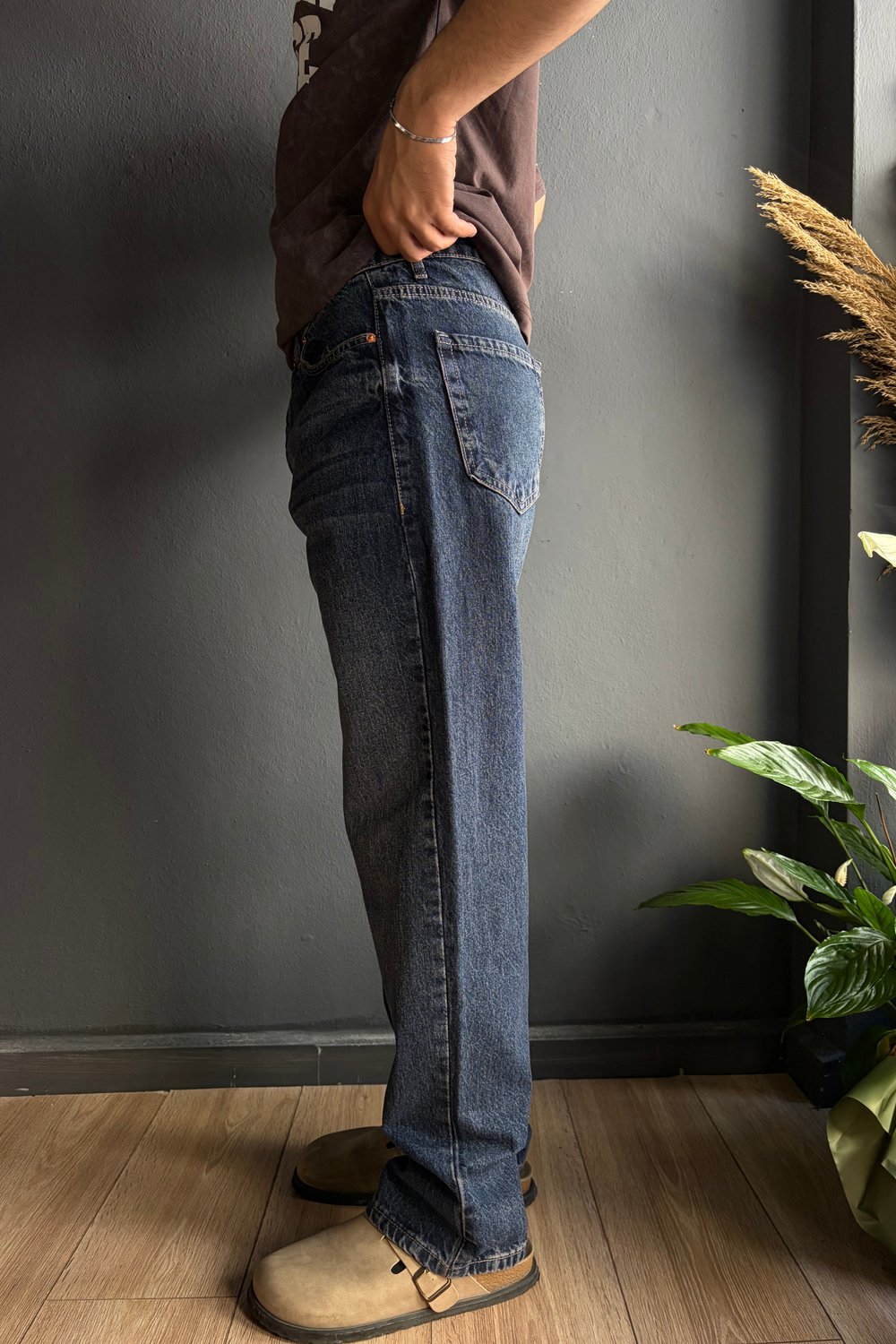 İndigo Eskitme Baggy Jean Pantolon