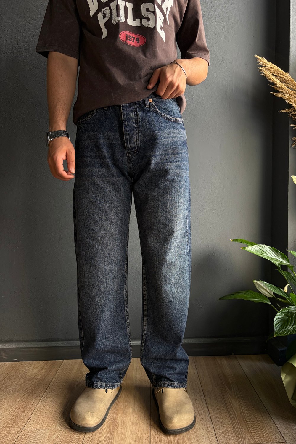 İndigo Eskitme Baggy Jean Pantolon