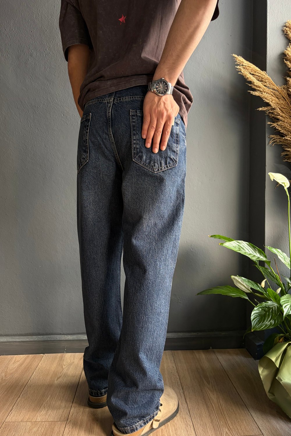 İndigo Eskitme Baggy Jean Pantolon