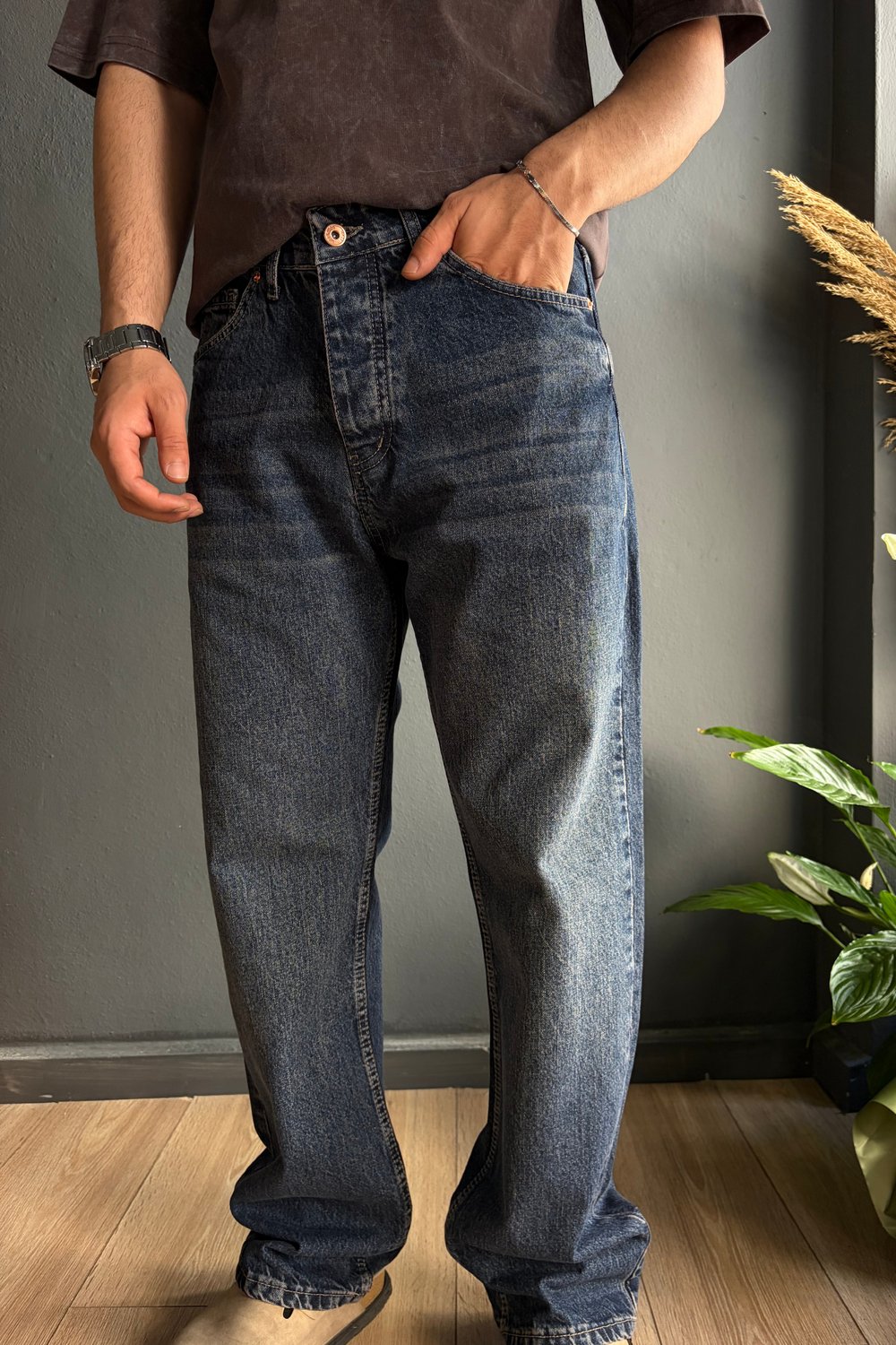 İndigo Eskitme Baggy Jean Pantolon