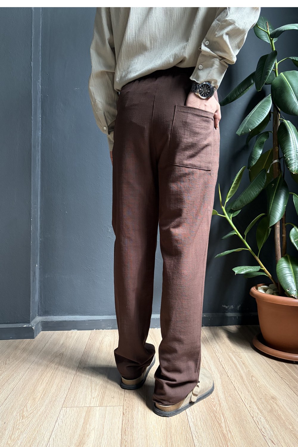 Kahverengi Beli Lastikli Baggy Keten Pantolon