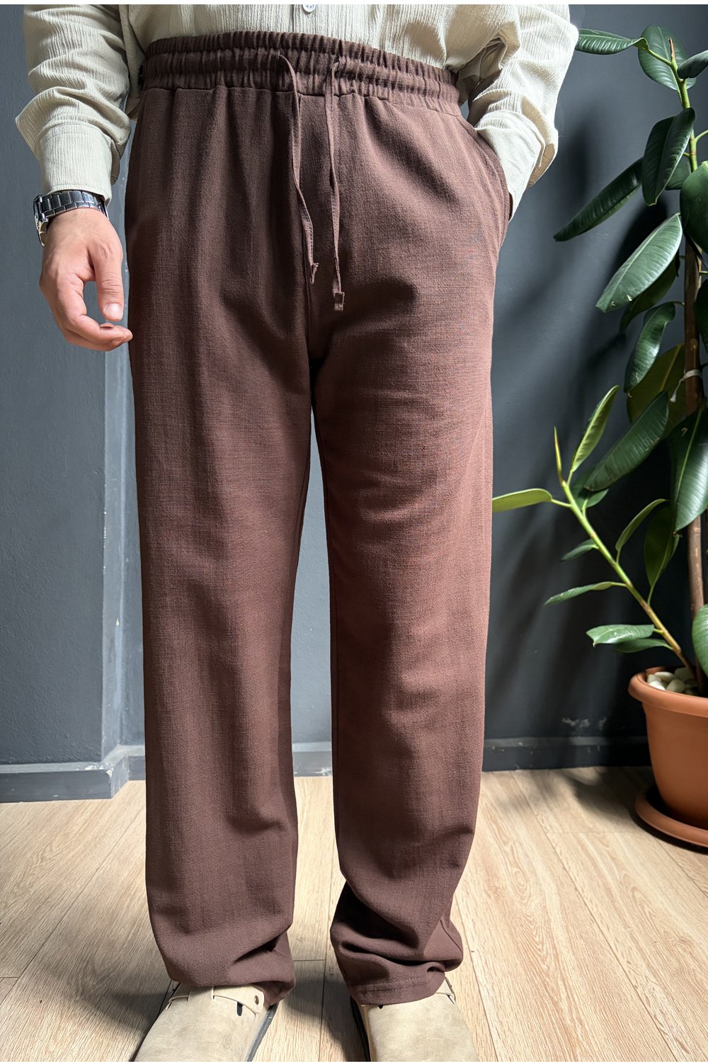 Kahverengi Beli Lastikli Baggy Keten Pantolon