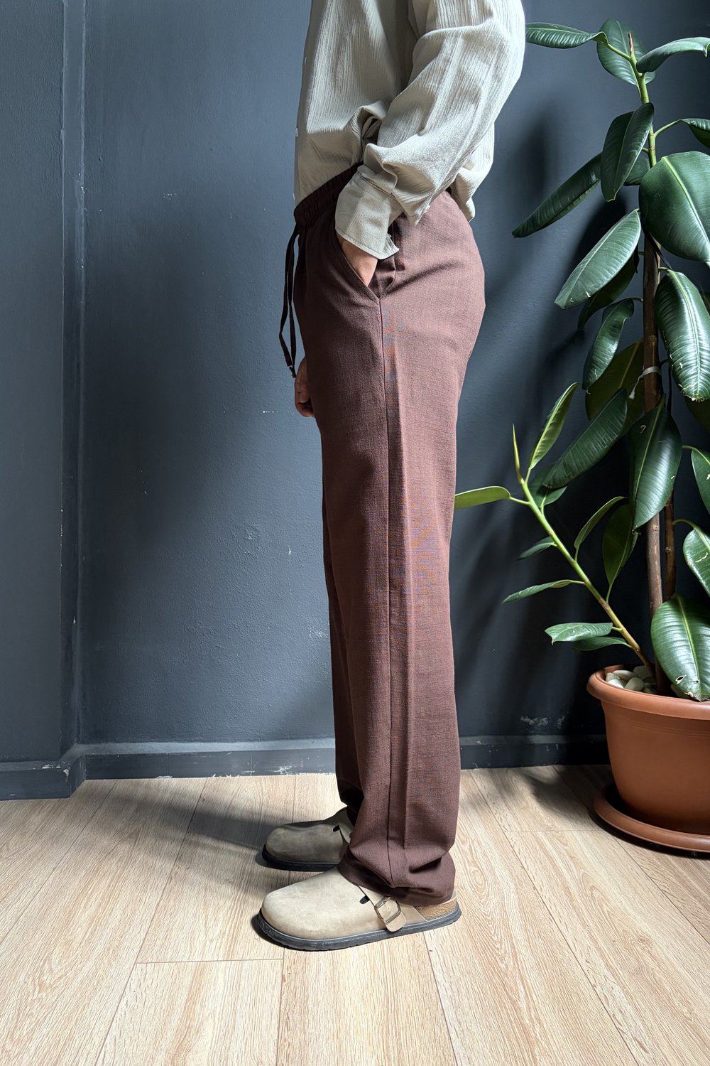 Kahverengi Beli Lastikli Baggy Keten Pantolon