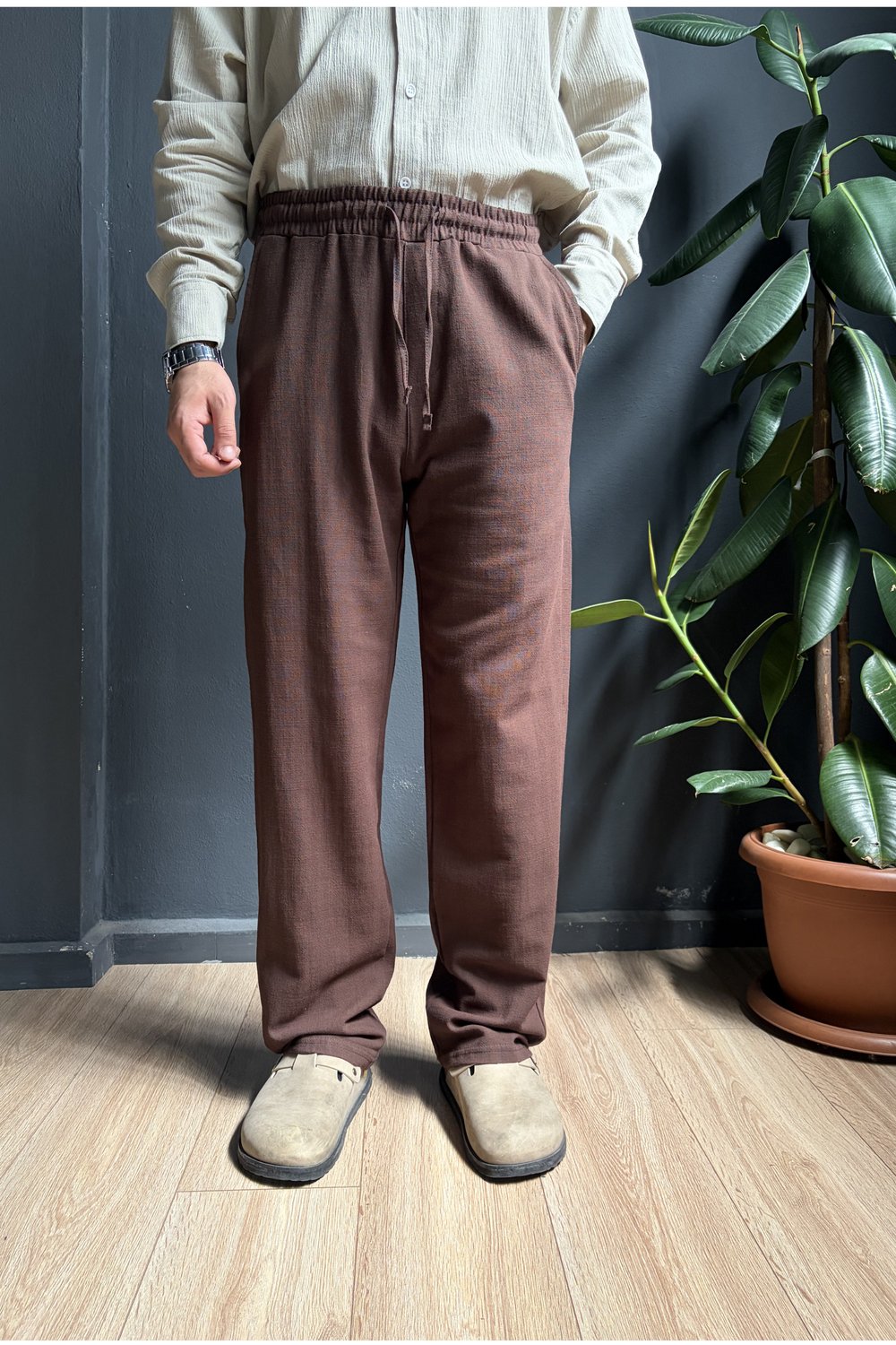Kahverengi Beli Lastikli Baggy Keten Pantolon