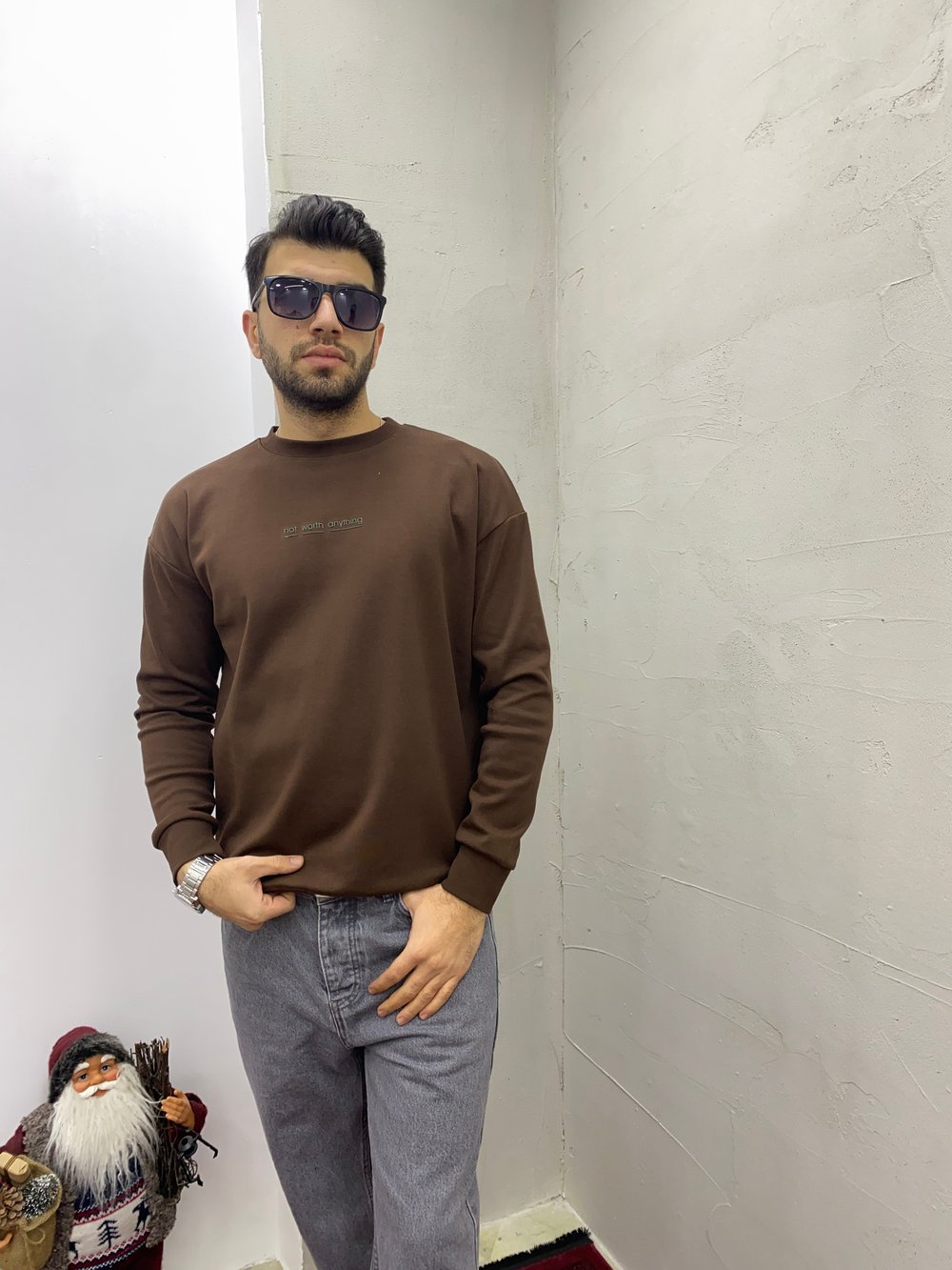 Kahverengi Minimal Baskılı Sweatshirt