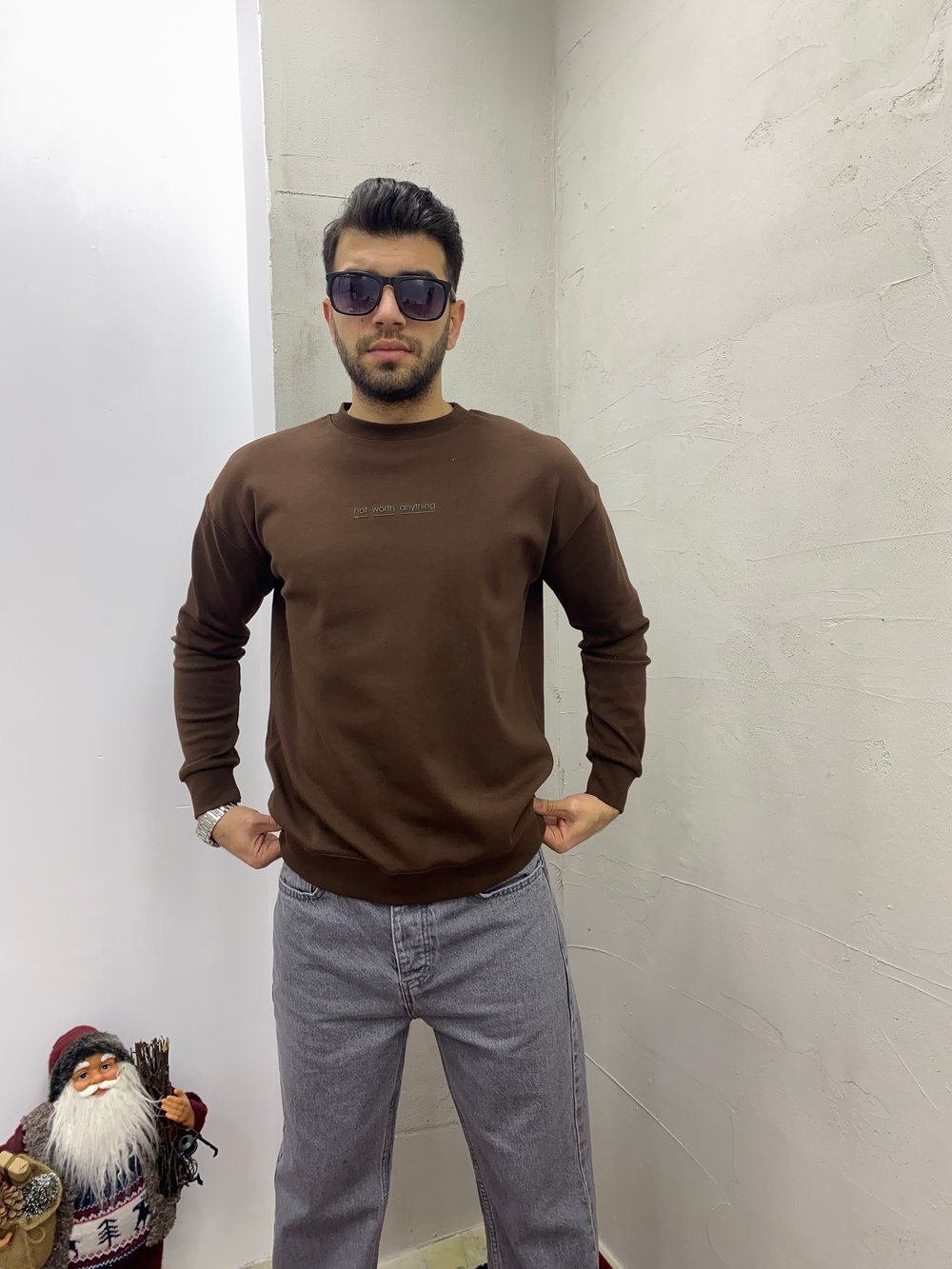 Kahverengi Minimal Baskılı Sweatshirt