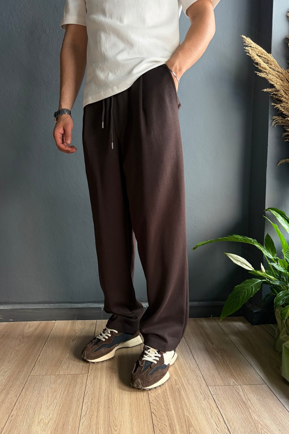 Kahverengi Tek Pileli Baggy Eşofman