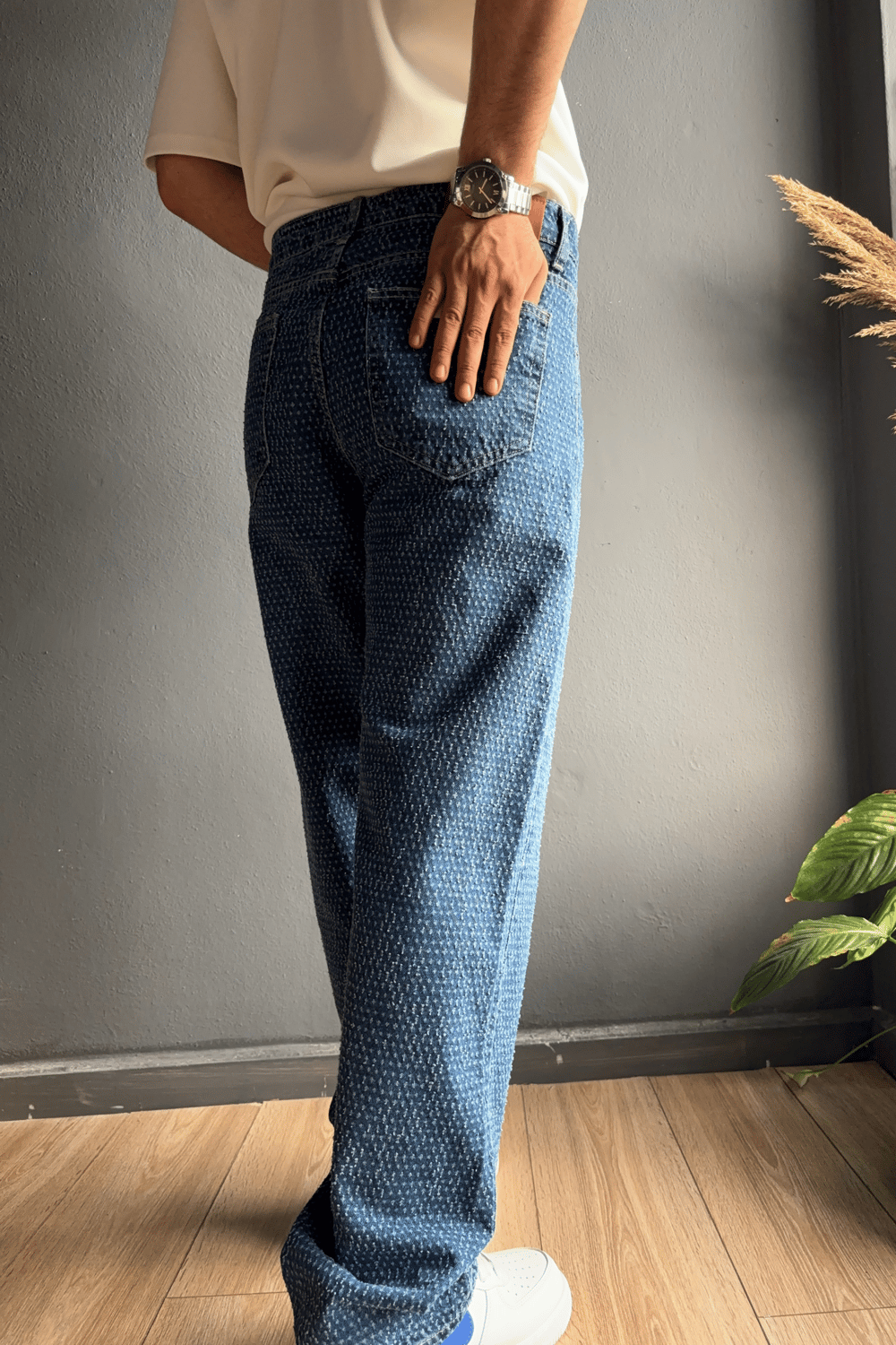 Koyu Mavi Kabartı Dokulu Baggy Jean Pantolon
