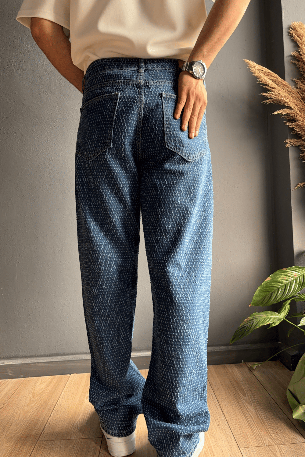 Koyu Mavi Kabartı Dokulu Baggy Jean Pantolon