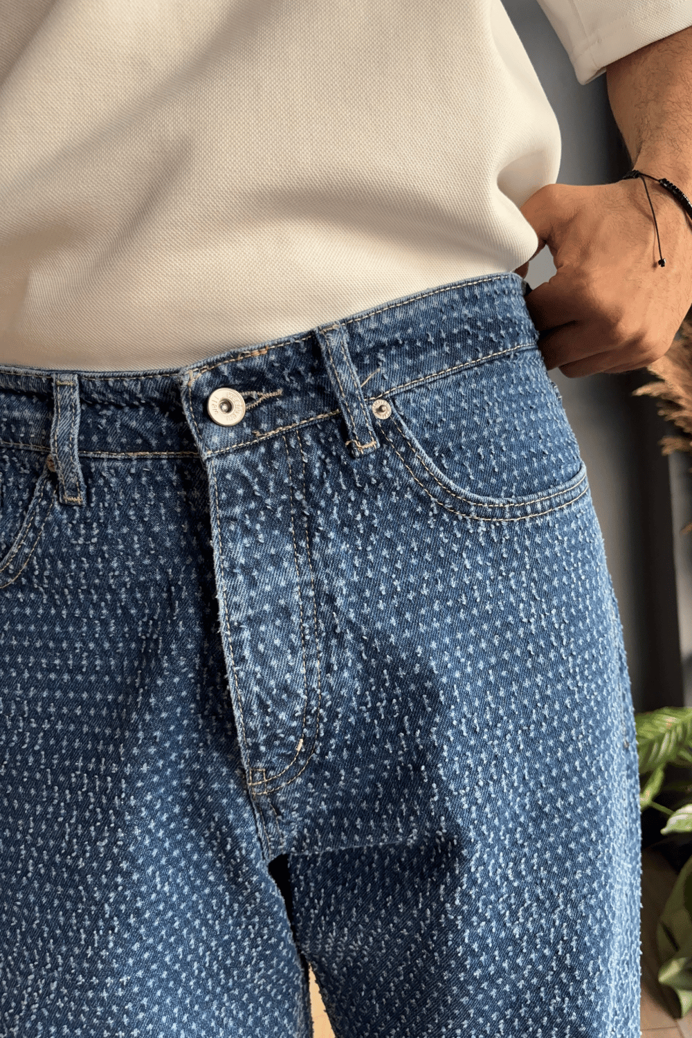 Koyu Mavi Kabartı Dokulu Baggy Jean Pantolon