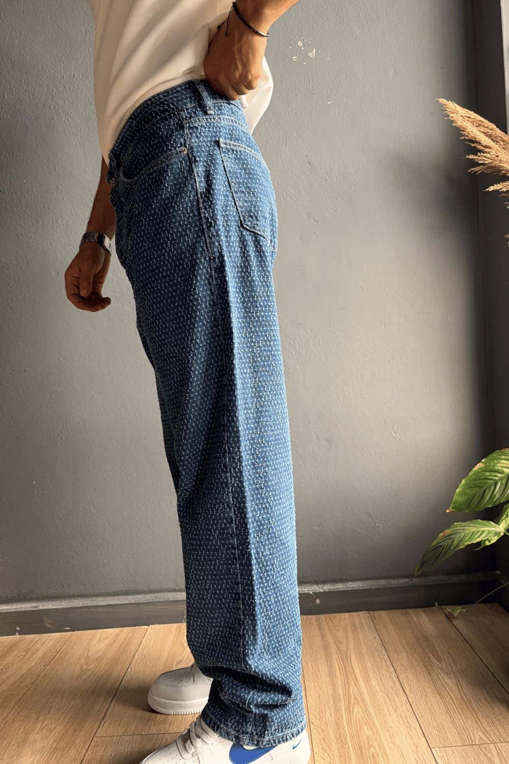 Koyu Mavi Kabartı Dokulu Baggy Jean Pantolon