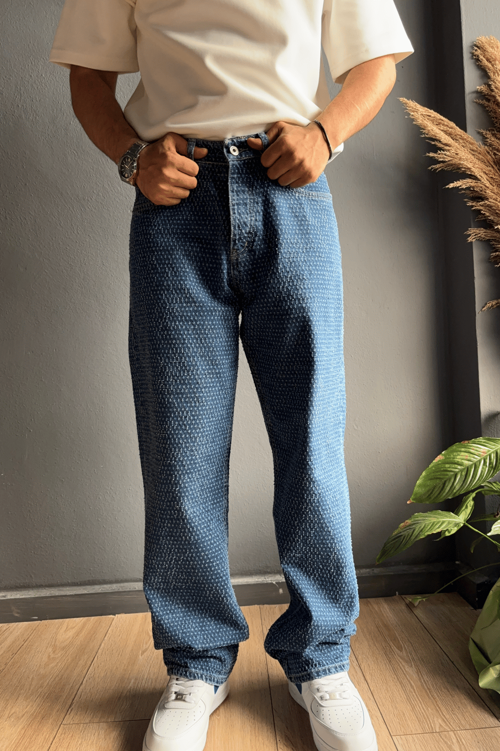 Koyu Mavi Kabartı Dokulu Baggy Jean Pantolon