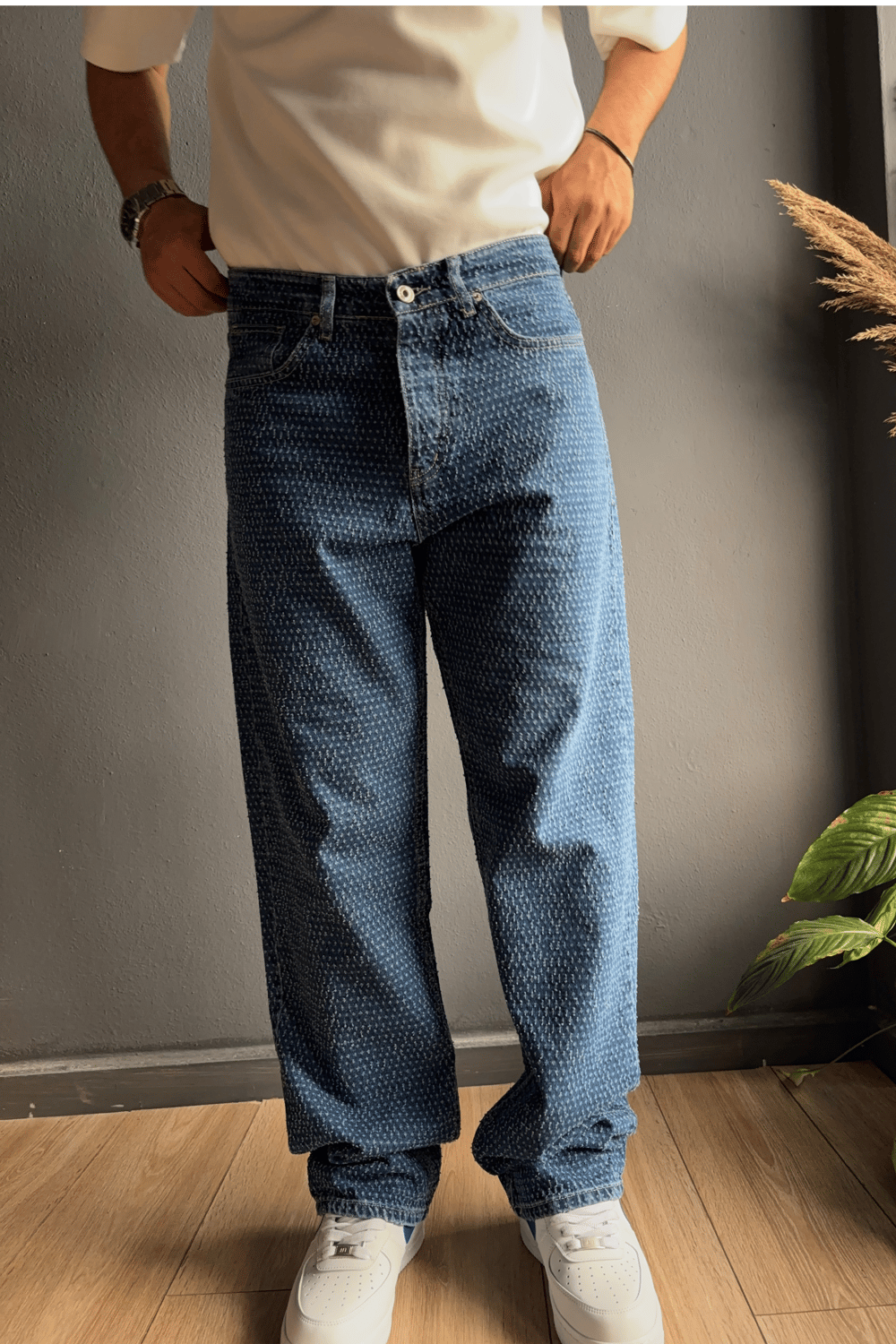 Koyu Mavi Kabartı Dokulu Baggy Jean Pantolon