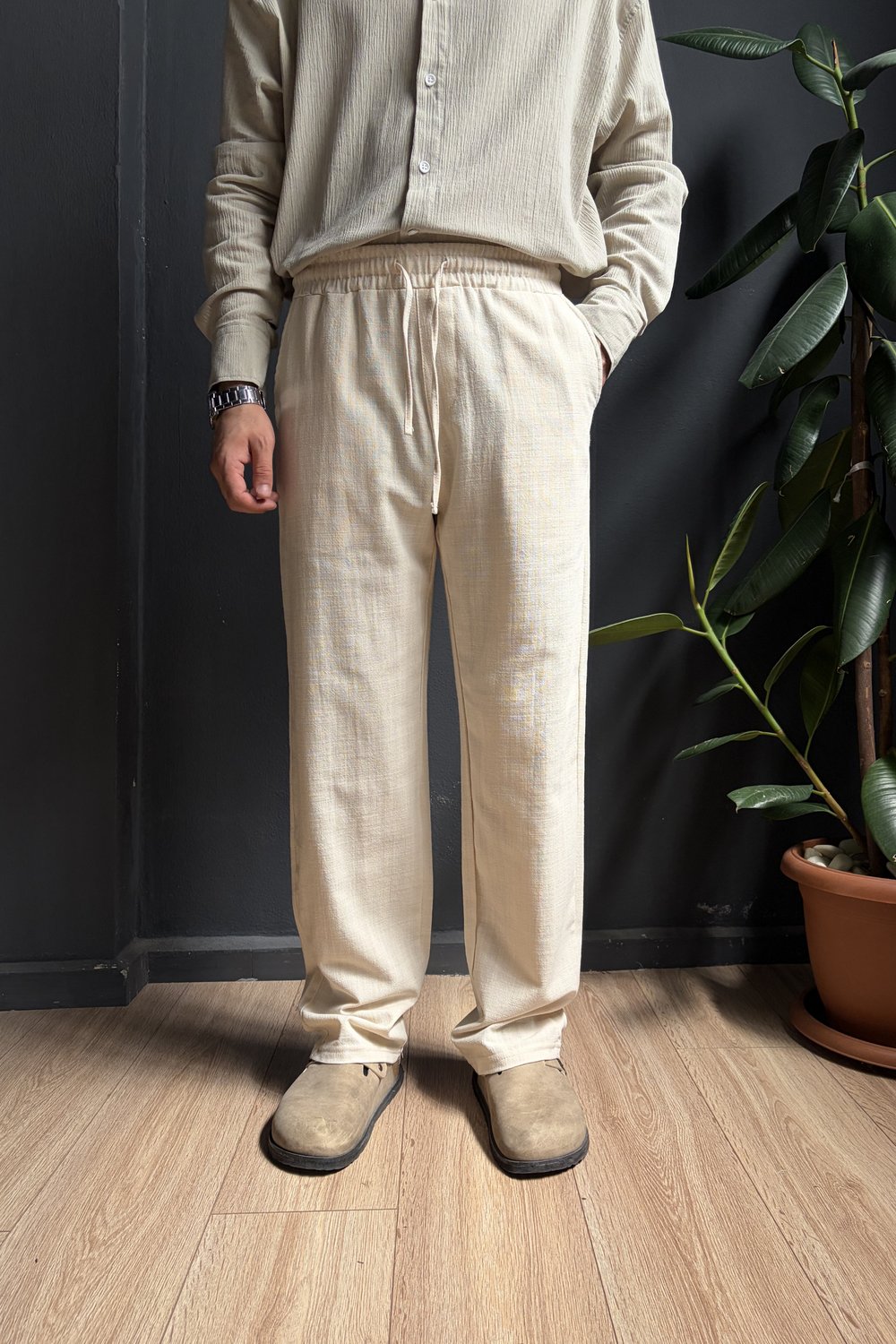 Krem Beli Lastikli Baggy Keten Pantolon