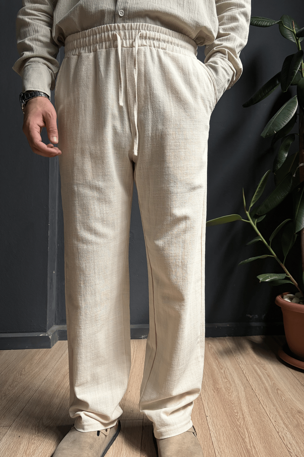 Krem Beli Lastikli Baggy Keten Pantolon