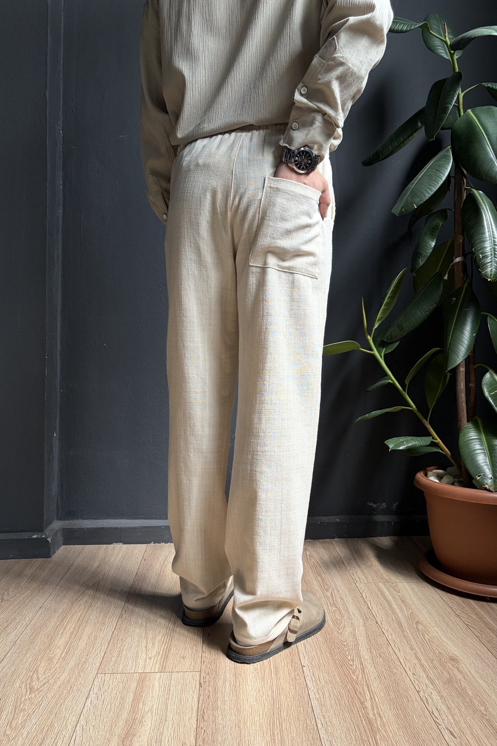 Krem Beli Lastikli Baggy Keten Pantolon
