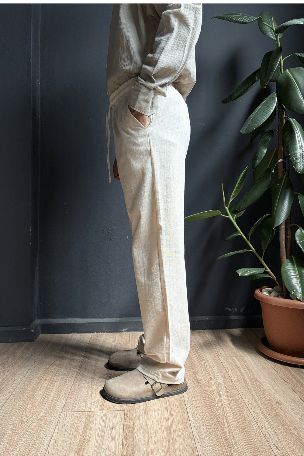 Krem Beli Lastikli Baggy Keten Pantolon