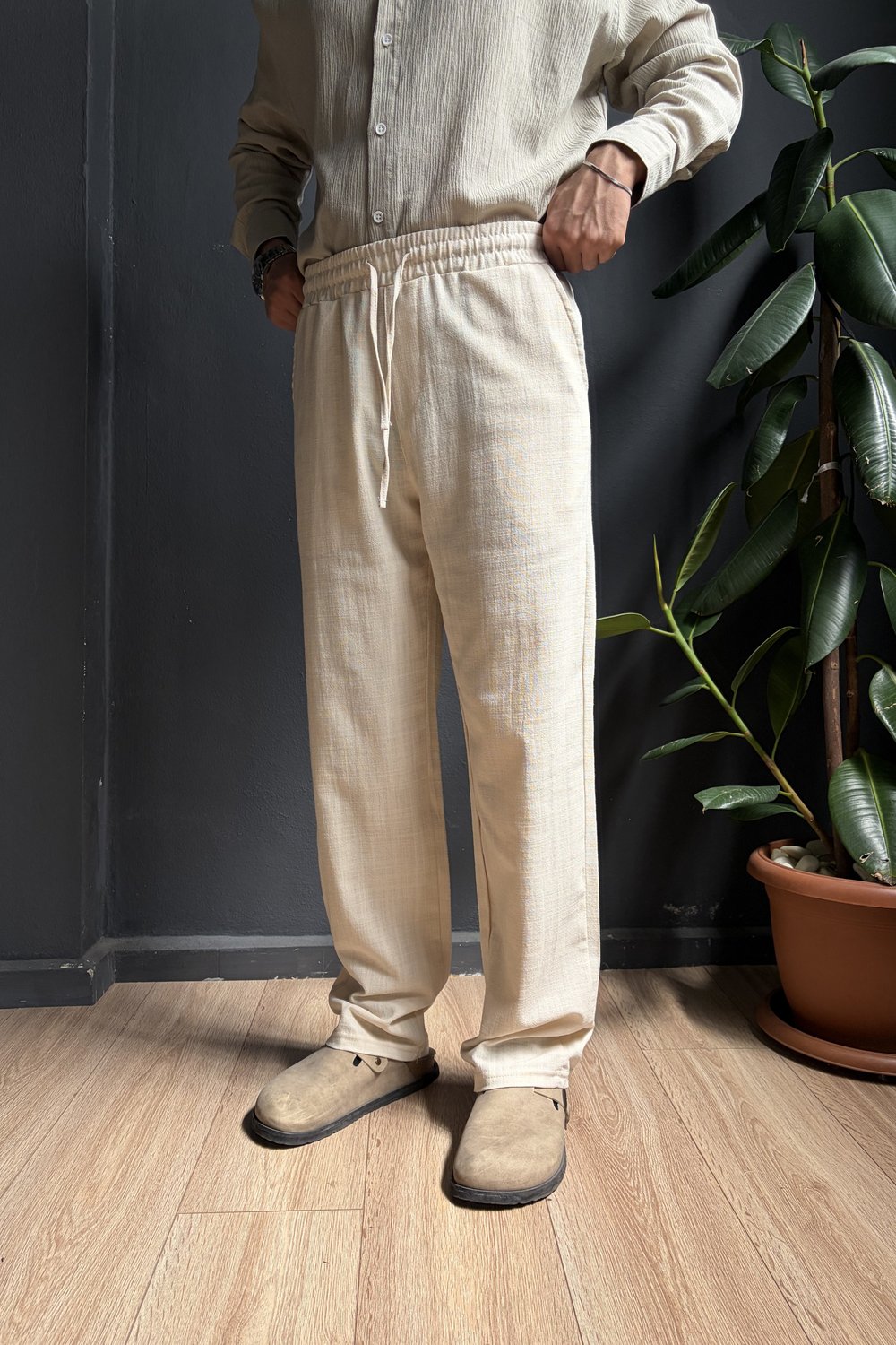 Krem Beli Lastikli Baggy Keten Pantolon