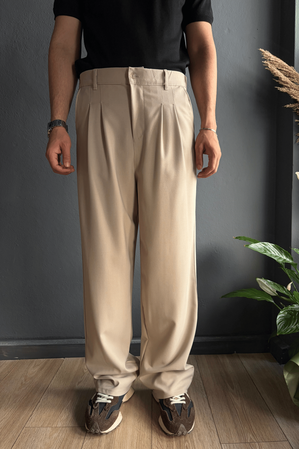Krem Exstra Baggy Kumaş Pantolon