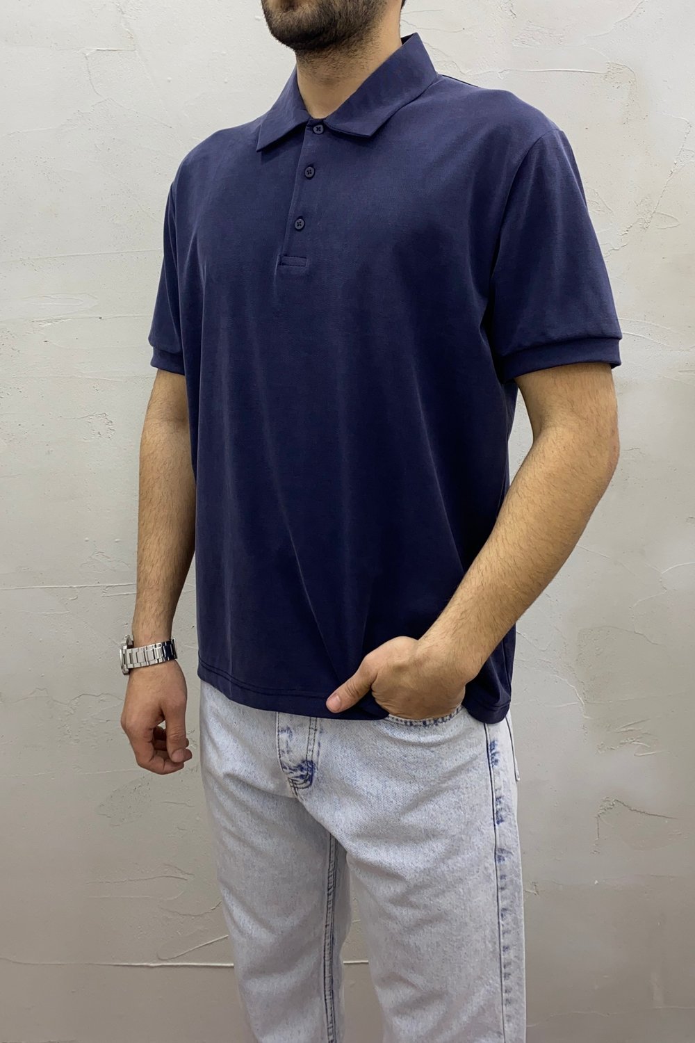 Lacivert Dokulu Rahat Kalıp Polo Yaka T-Shırt