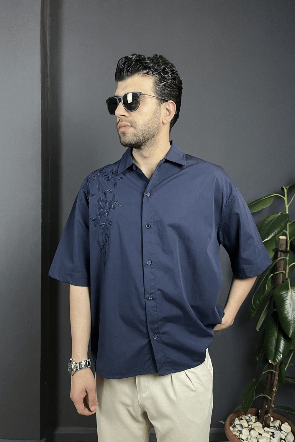 Lacivert Nakış Detaylı Oversize Gömlek 