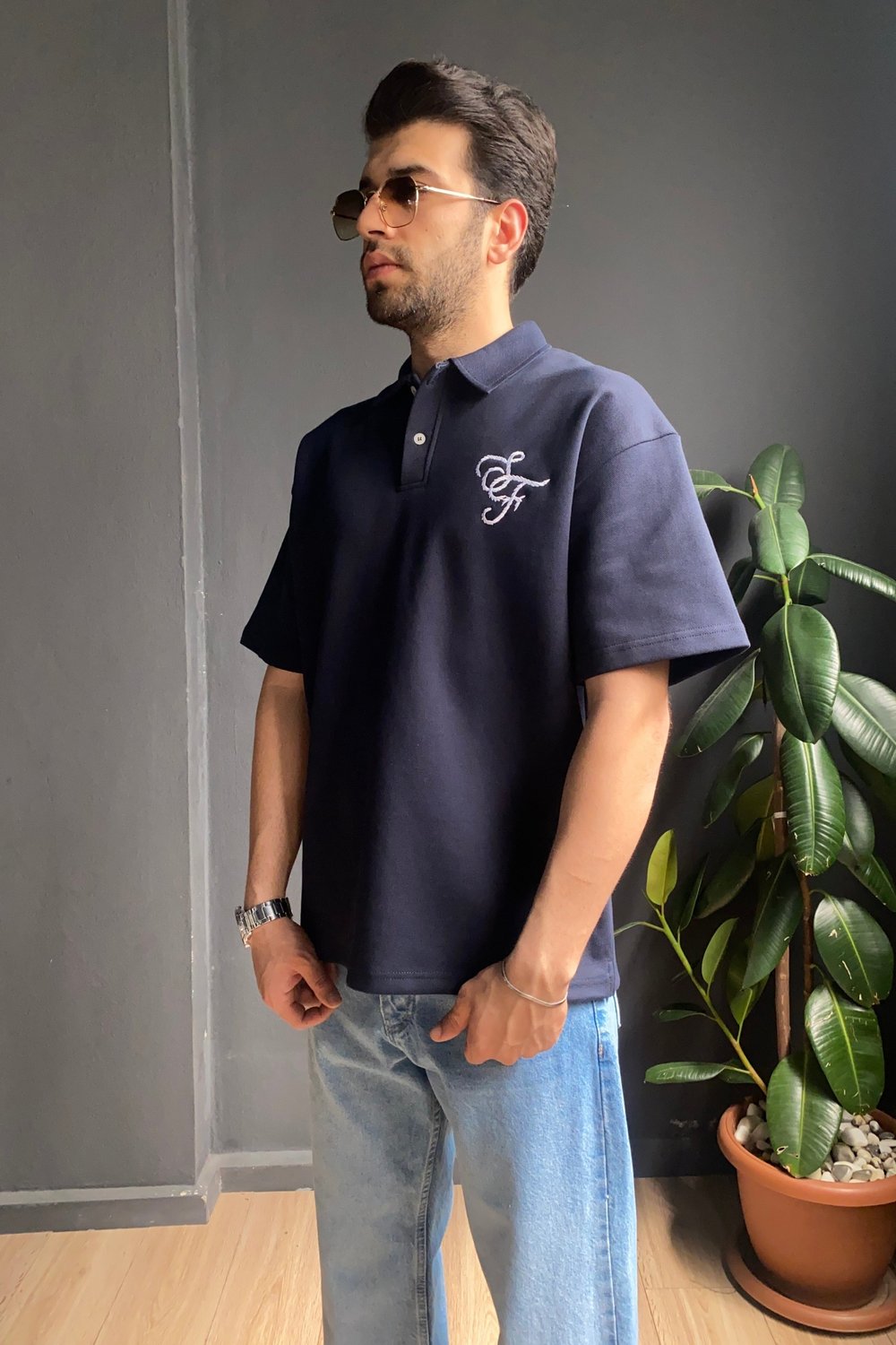 Lacivert Pike Kumaş Göğüs Nakışlı Polo Yaka Tişört