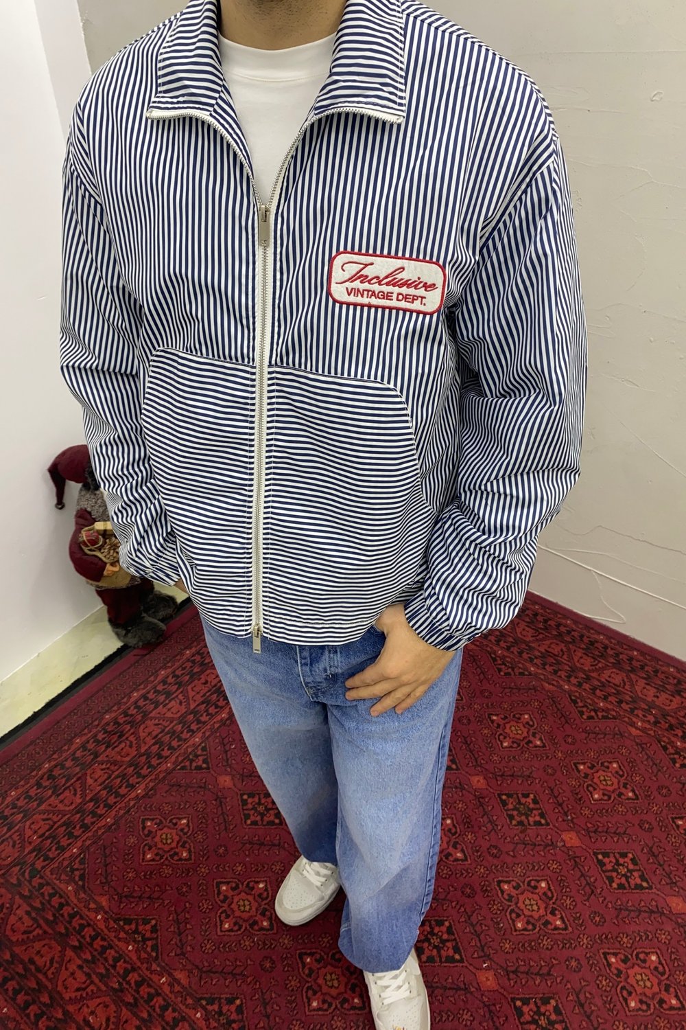 Oversize Nakış Detaylı Çift Fermuarlı Ceket Lacivert