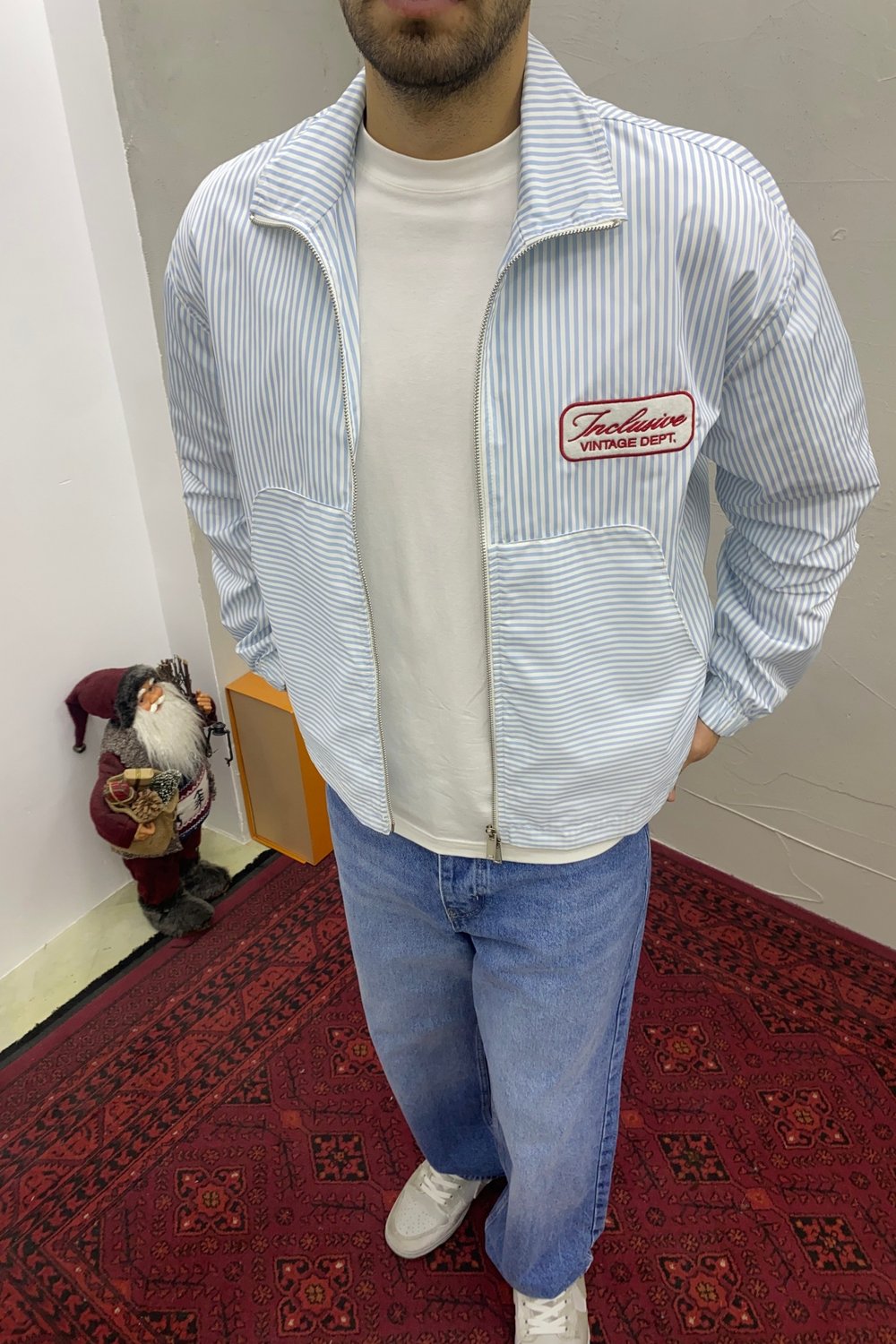 Oversize Nakış Detaylı Çift Fermuarlı Ceket Mavi