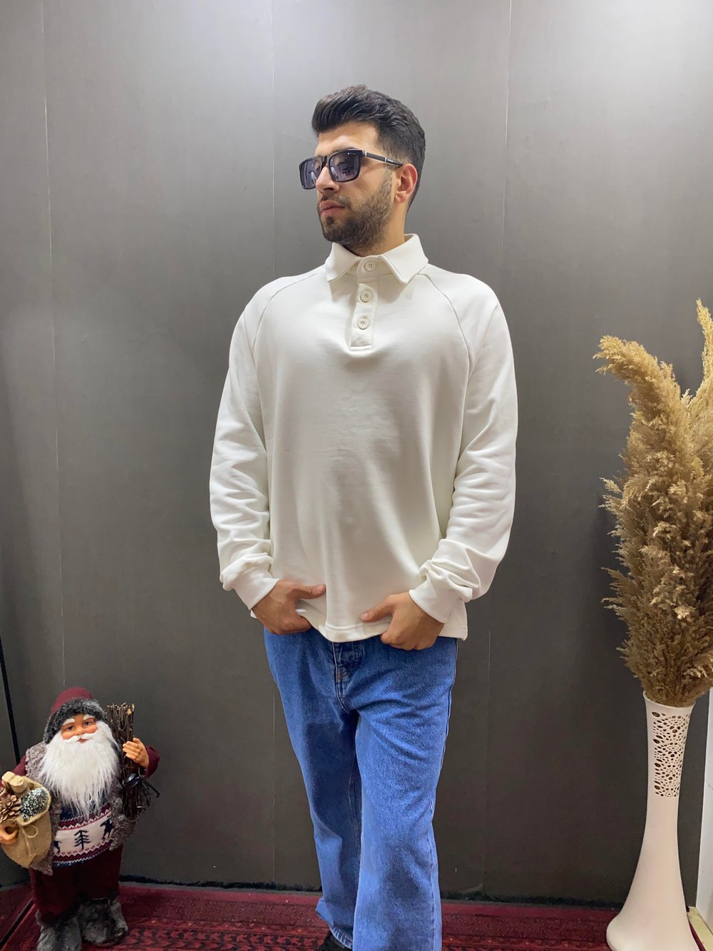 Oversize Siyah Basic Polo Yaka Sweatshirt