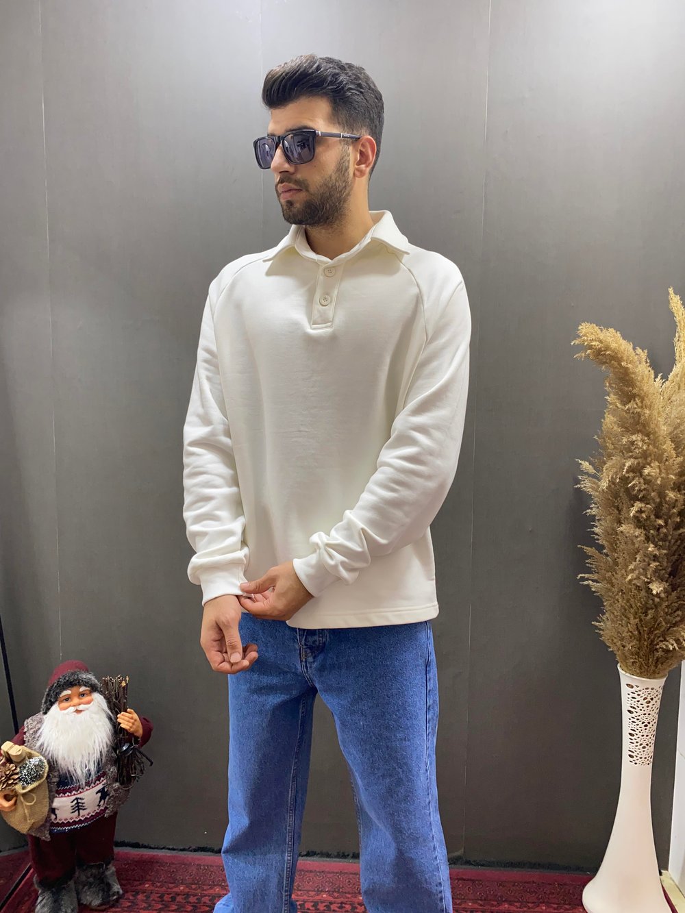 Oversize Siyah Basic Polo Yaka Sweatshirt