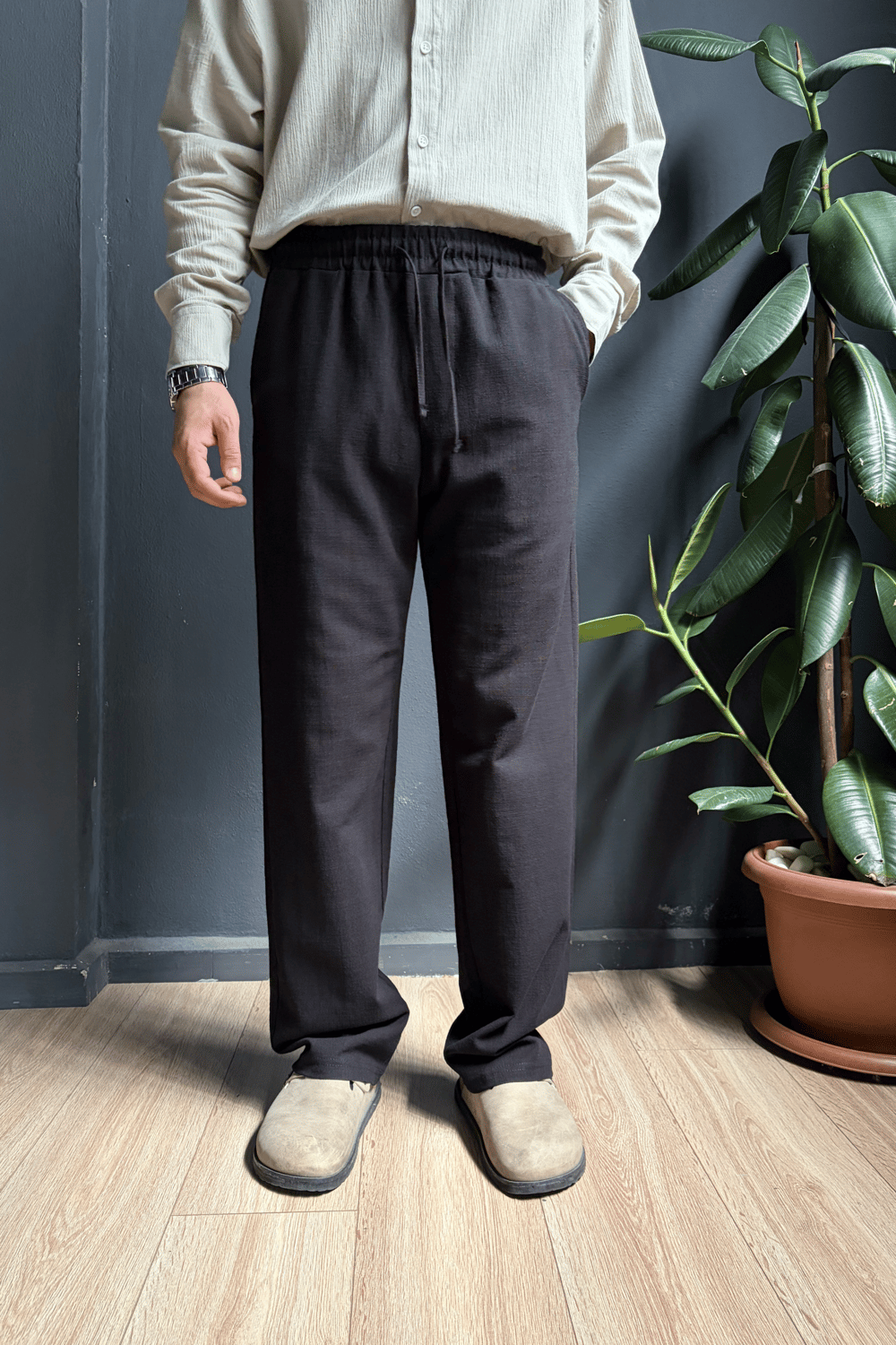 Siyah Beli Lastikli Baggy Keten Pantolon