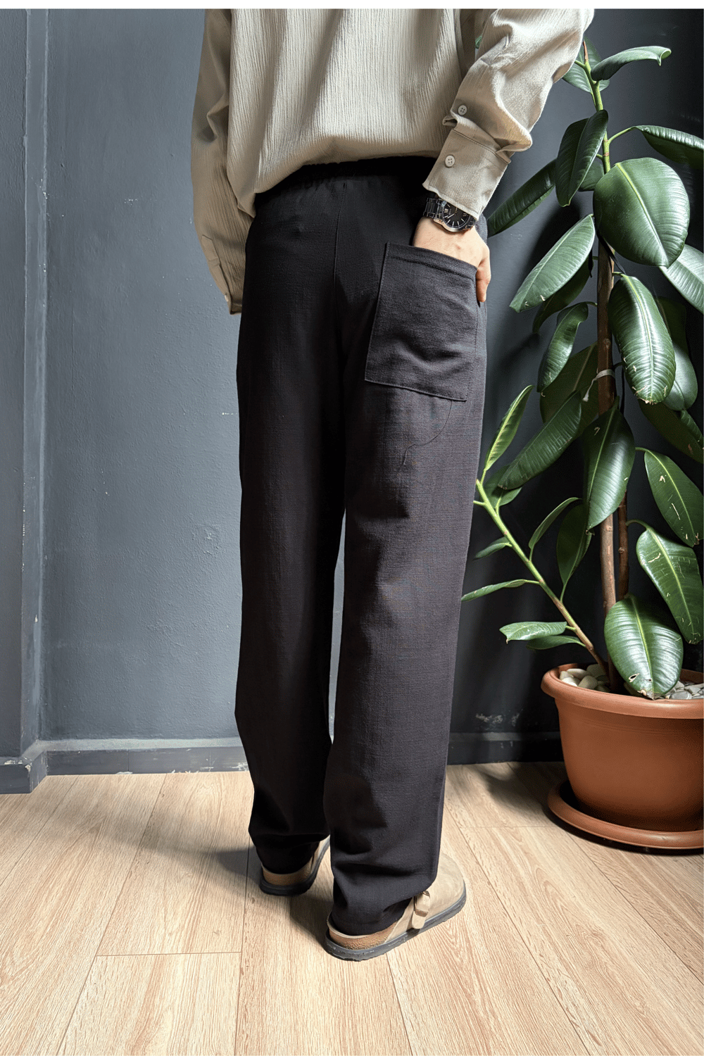 Siyah Beli Lastikli Baggy Keten Pantolon