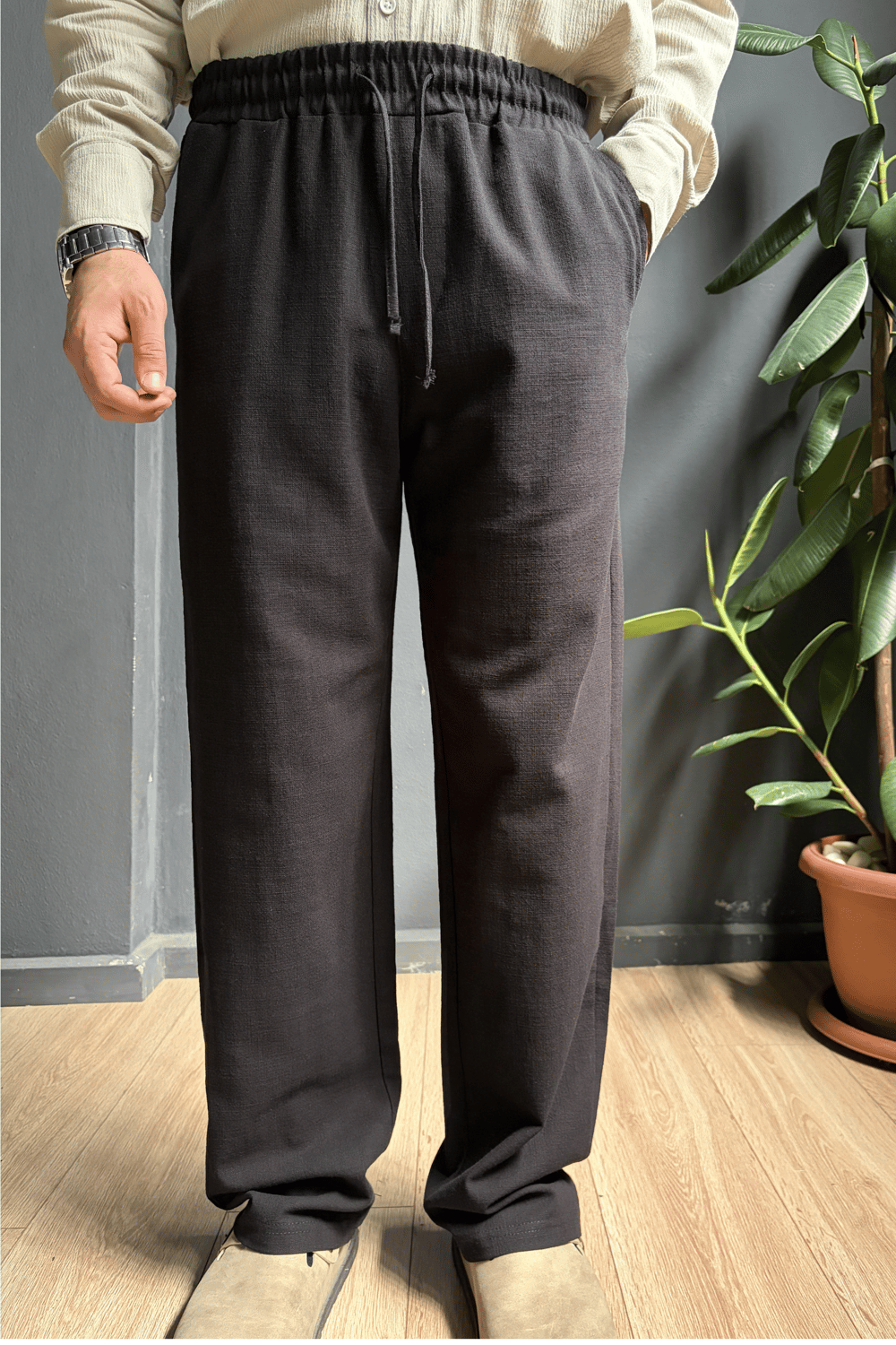 Siyah Beli Lastikli Baggy Keten Pantolon