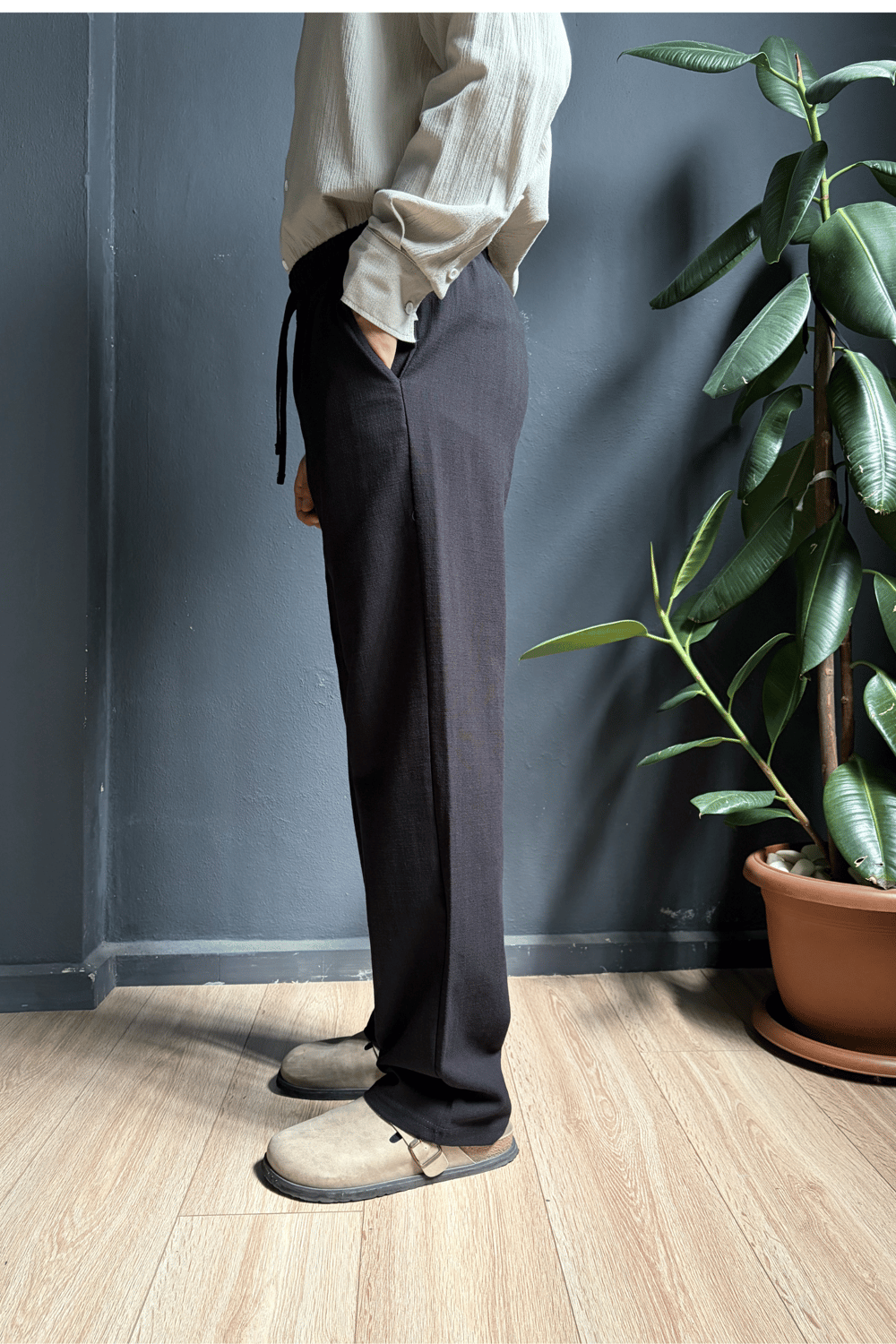 Siyah Beli Lastikli Baggy Keten Pantolon
