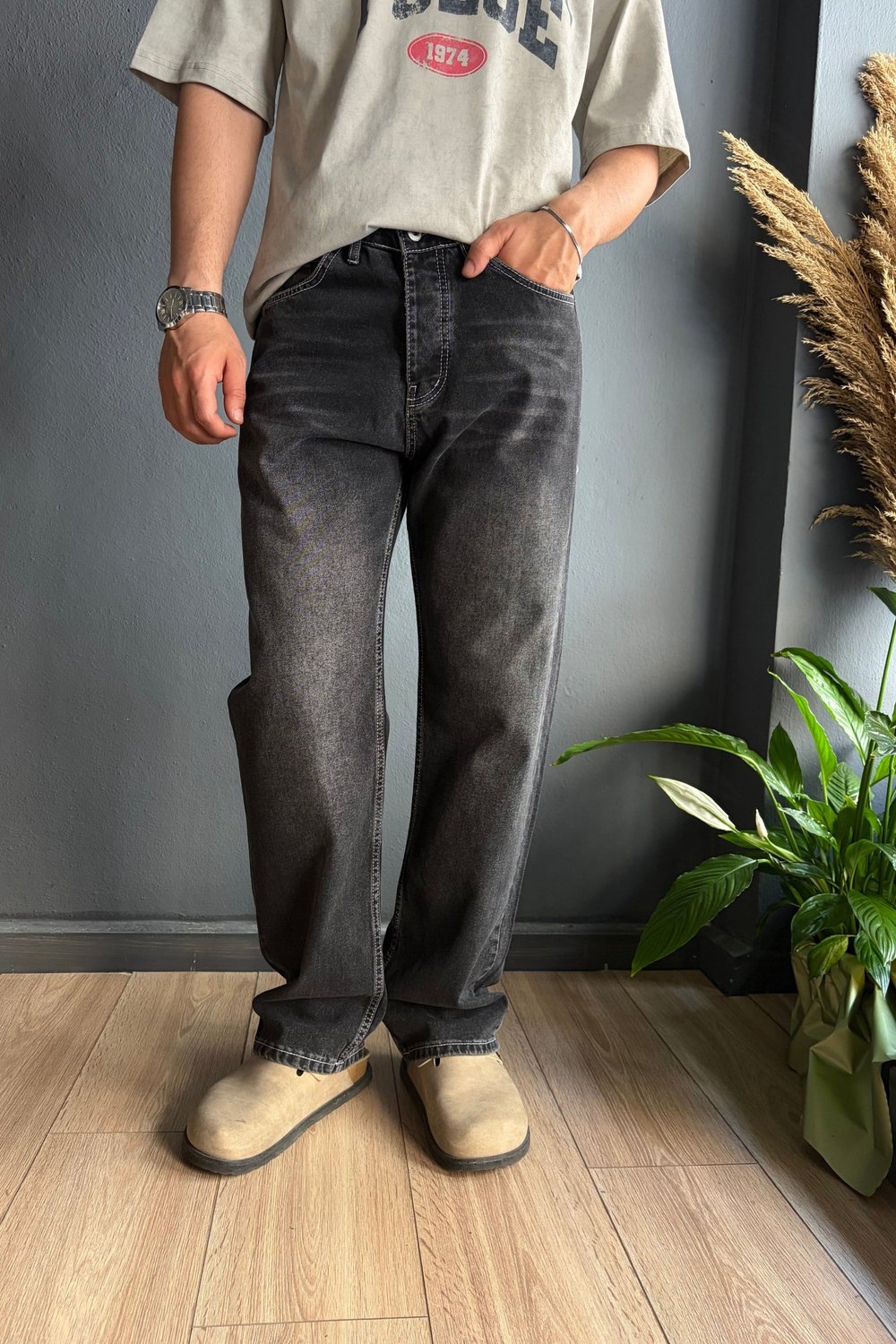Siyah Dikiş Detaylı Baggy Jean