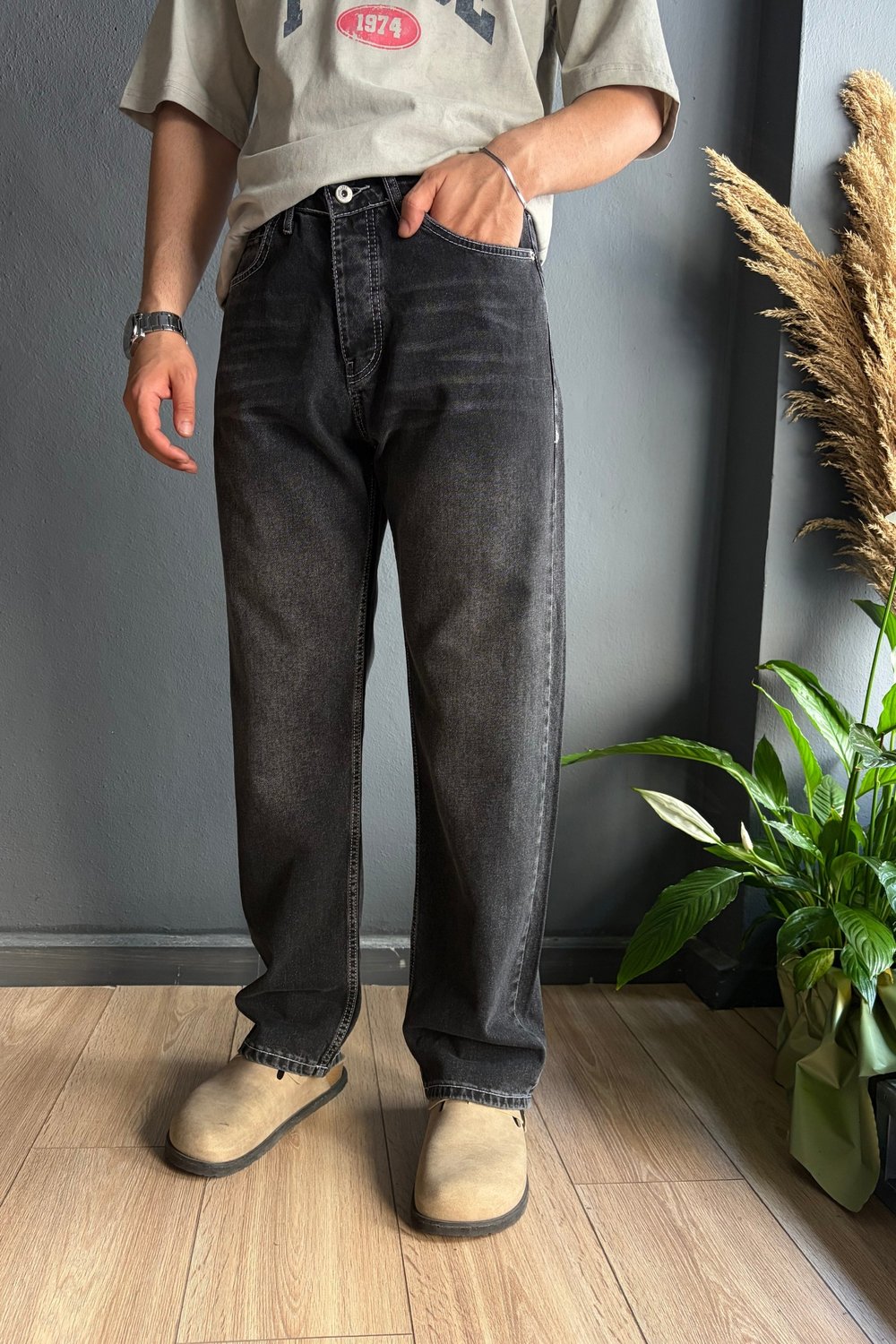 Siyah Dikiş Detaylı Baggy Jean