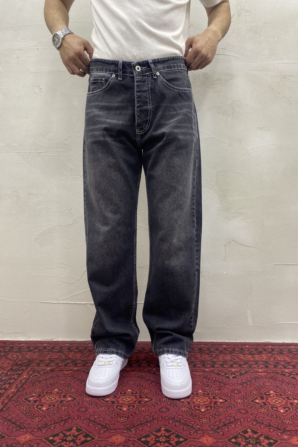 Siyah Dikiş Detaylı Baggy Jean
