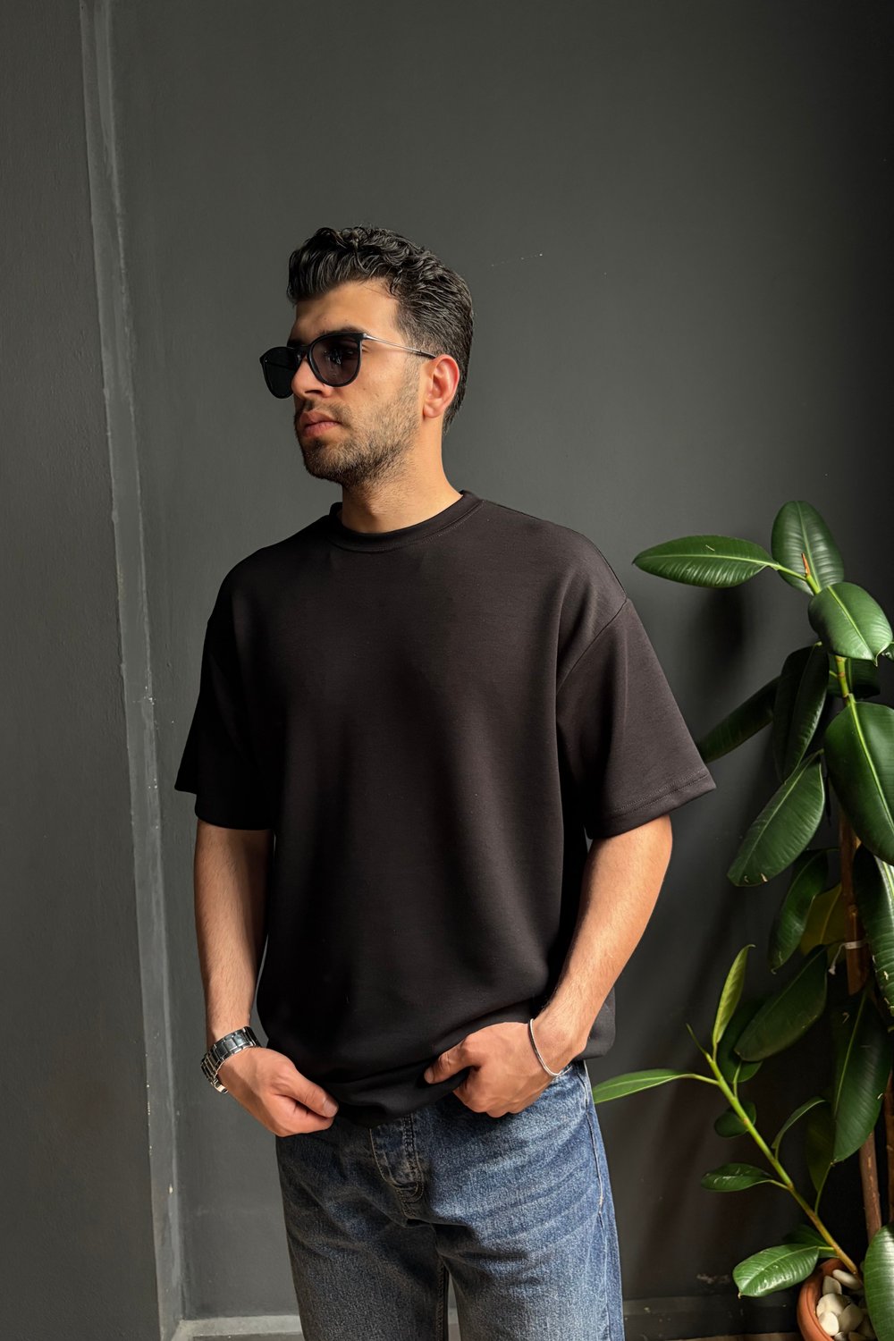 Siyah Kalın Oysho Kumaş Yarım Oversize Tişört 