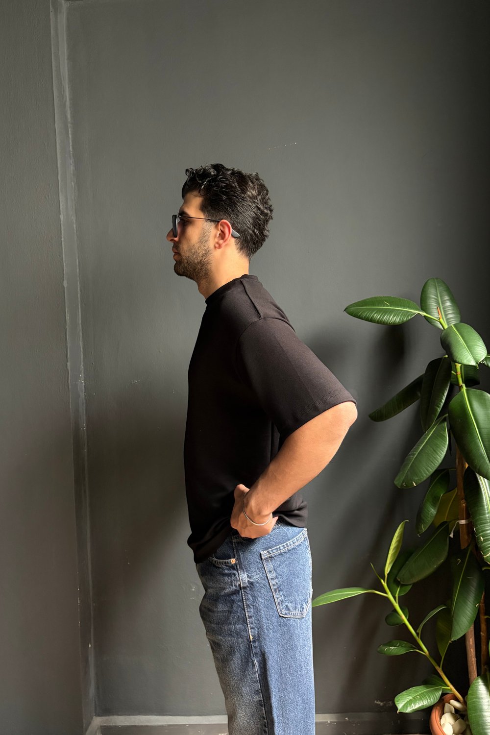Siyah Kalın Oysho Kumaş Yarım Oversize Tişört 