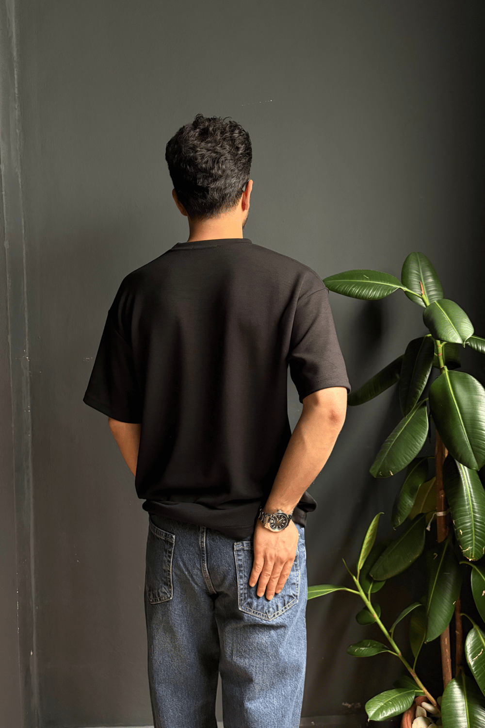 Siyah Kalın Oysho Kumaş Yarım Oversize Tişört 