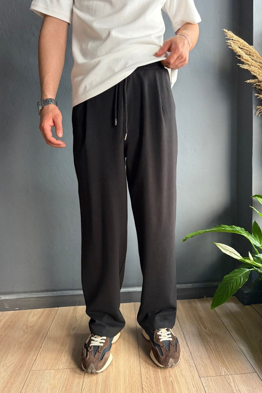 Siyah Tek Pileli Baggy Eşofman