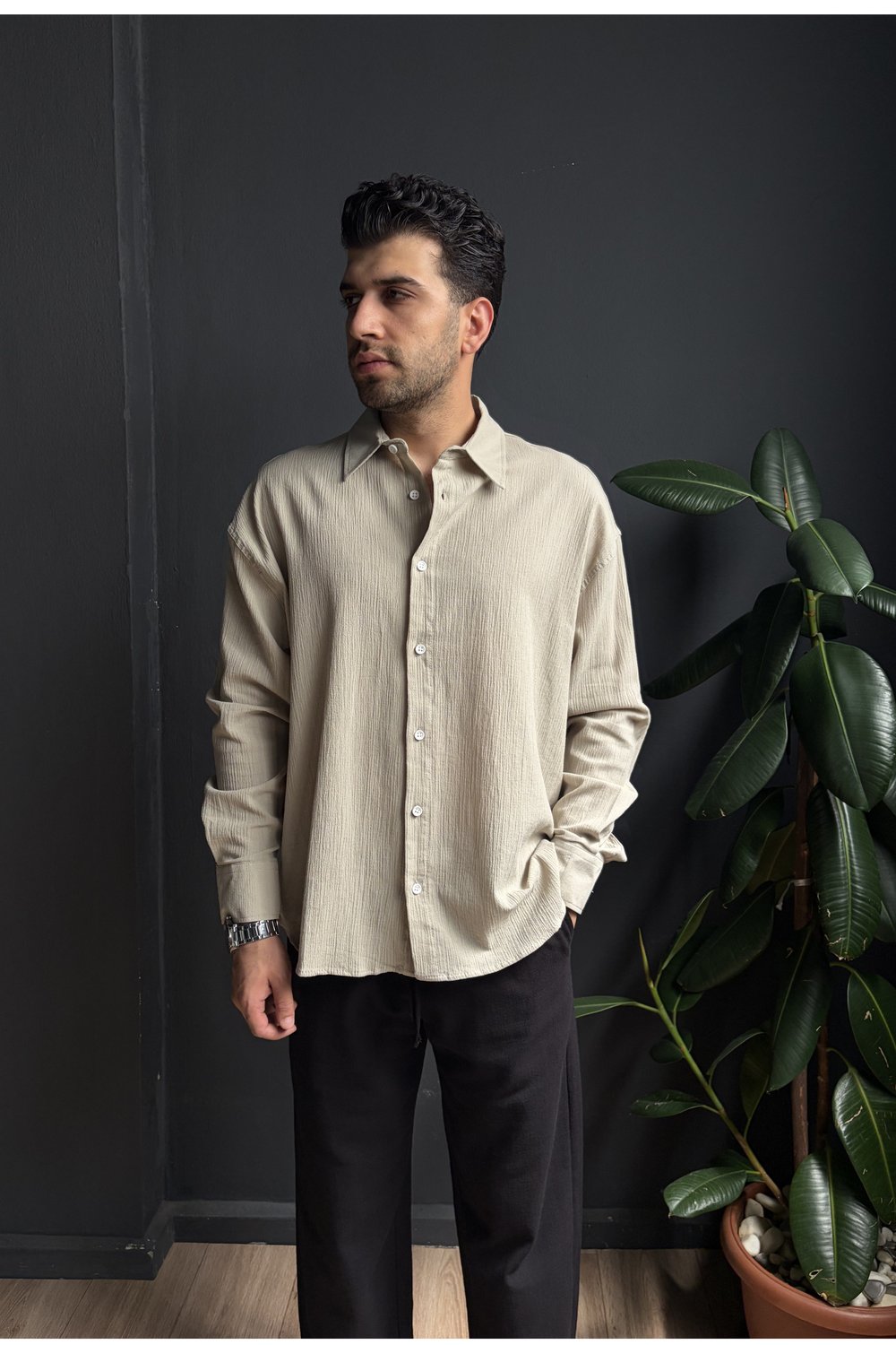 Yeşik Oversize Krinkıl Gömlek